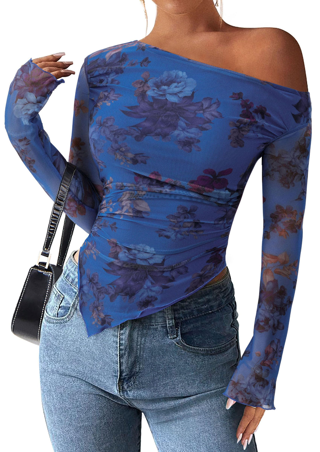 PRETTYGARDEN Womens Fall Trendy Off Shoulder Y2k Tops 2026 Tie Dye Mesh Long Sleeve Shirts Asymmetrical Ruched Floral Blouse