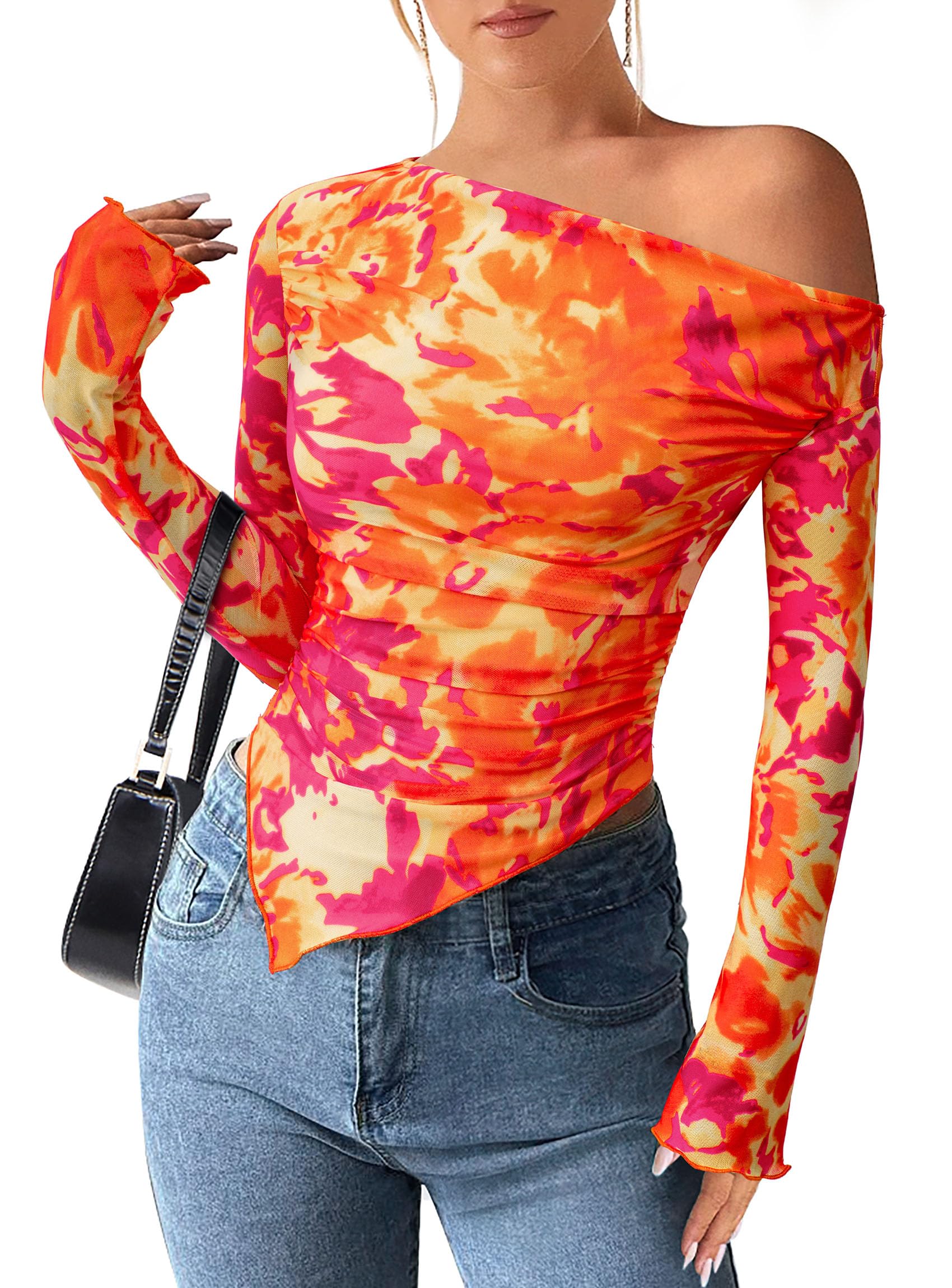 PRETTYGARDEN Womens Fall Trendy Off Shoulder Y2k Tops 2026 Tie Dye Mesh Long Sleeve Shirts Asymmetrical Ruched Floral Blouse