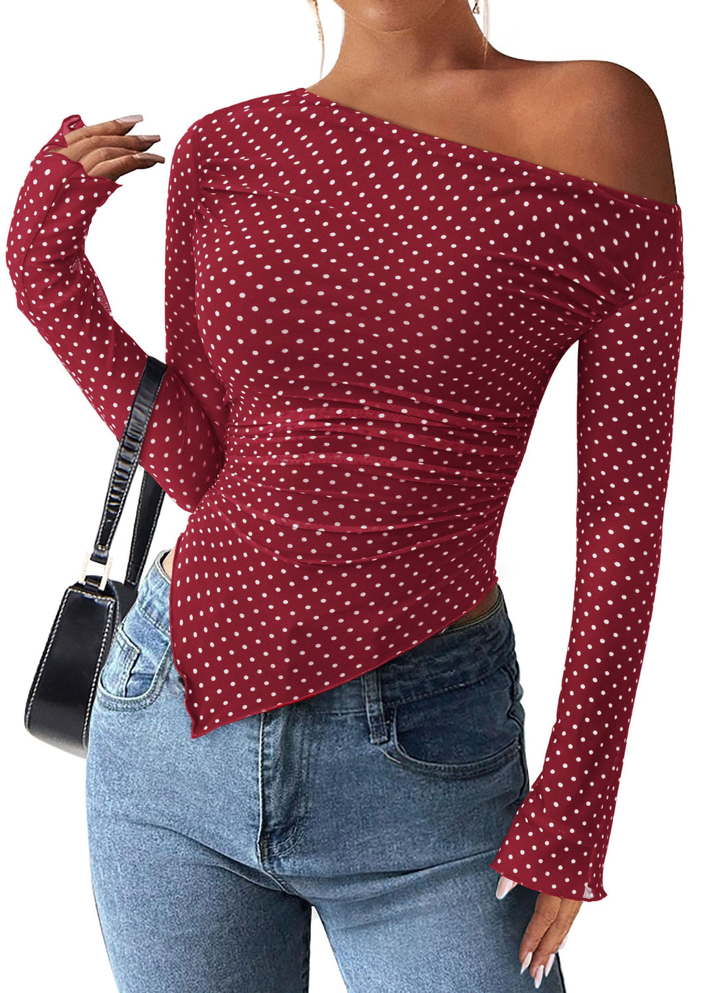 PRETTYGARDEN Womens Fall Trendy Off Shoulder Y2k Tops 2026 Tie Dye Mesh Long Sleeve Shirts Asymmetrical Ruched Floral Blouse