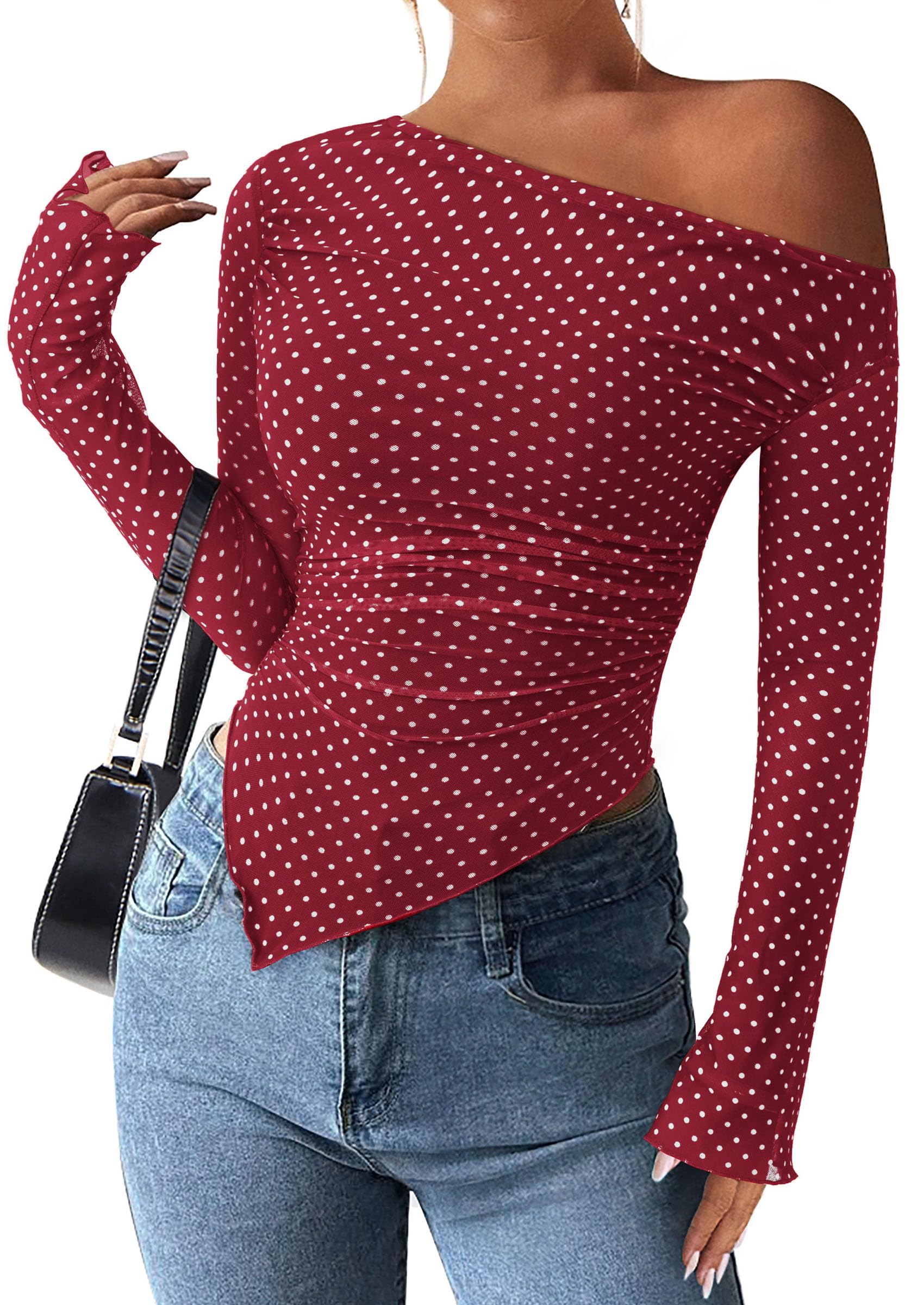 PRETTYGARDEN Womens Fall Trendy Off Shoulder Y2k Tops 2026 Tie Dye Mesh Long Sleeve Shirts Asymmetrical Ruched Floral Blouse