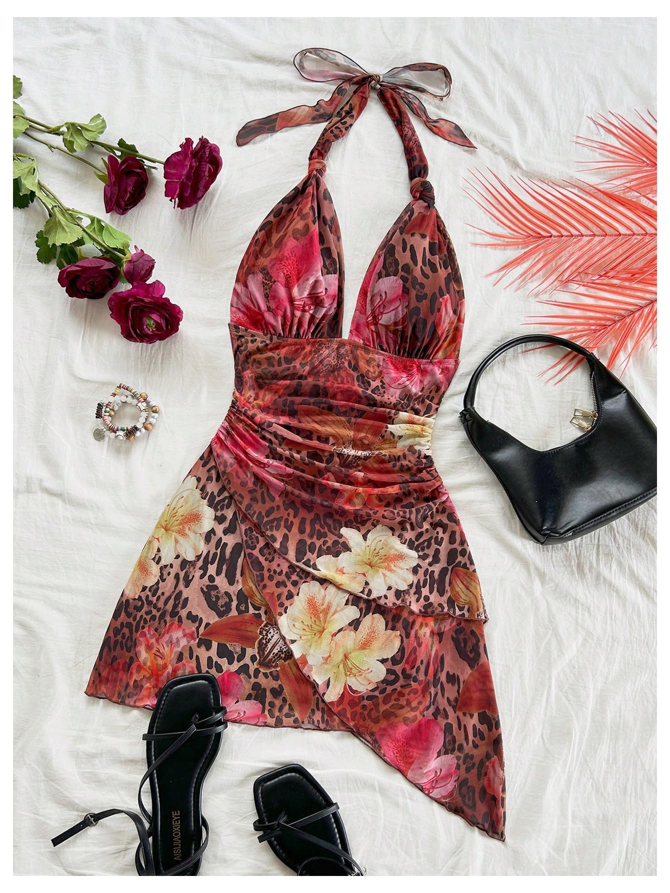 SOLY HUX Women's Y2K Summer Tie Dye Floral Print Halter Sexy Mini Dress Retro Backless Bodycon Birthday Dresses