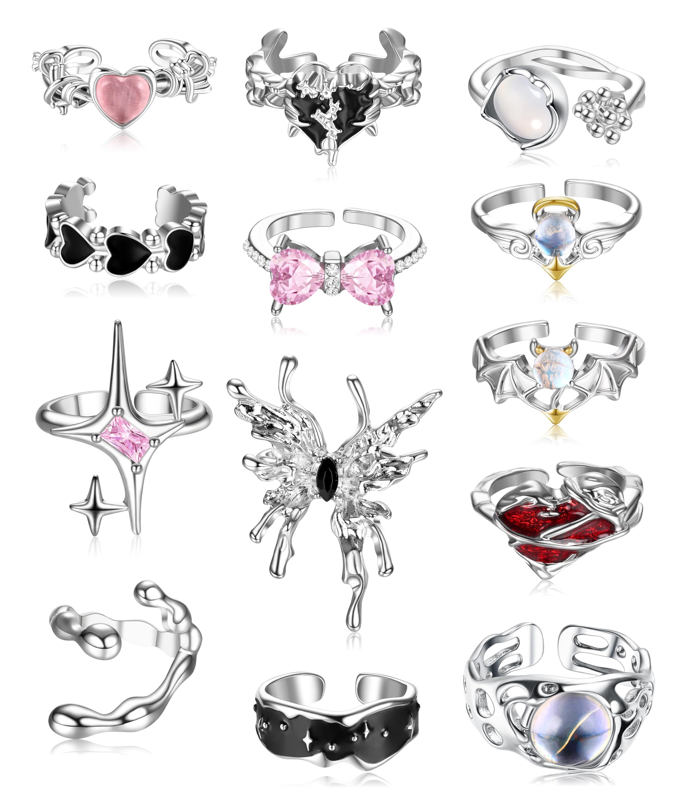 DRPERFECT 13 PCS Y2k Rings For Women Vintage Irregular Rings for Women Men Chunky Adjustable Rings Gothic Goth Open Moonstone Butterfly Star Pink Heart Cool Statement Ring Aesthetic Accessories Ring Set