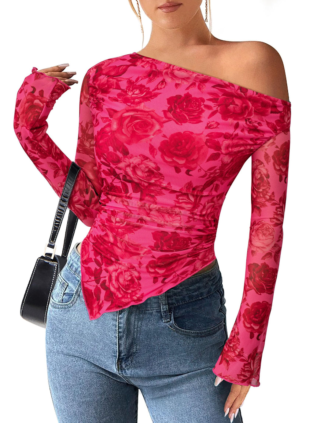 PRETTYGARDEN Womens Fall Trendy Off Shoulder Y2k Tops 2026 Tie Dye Mesh Long Sleeve Shirts Asymmetrical Ruched Floral Blouse