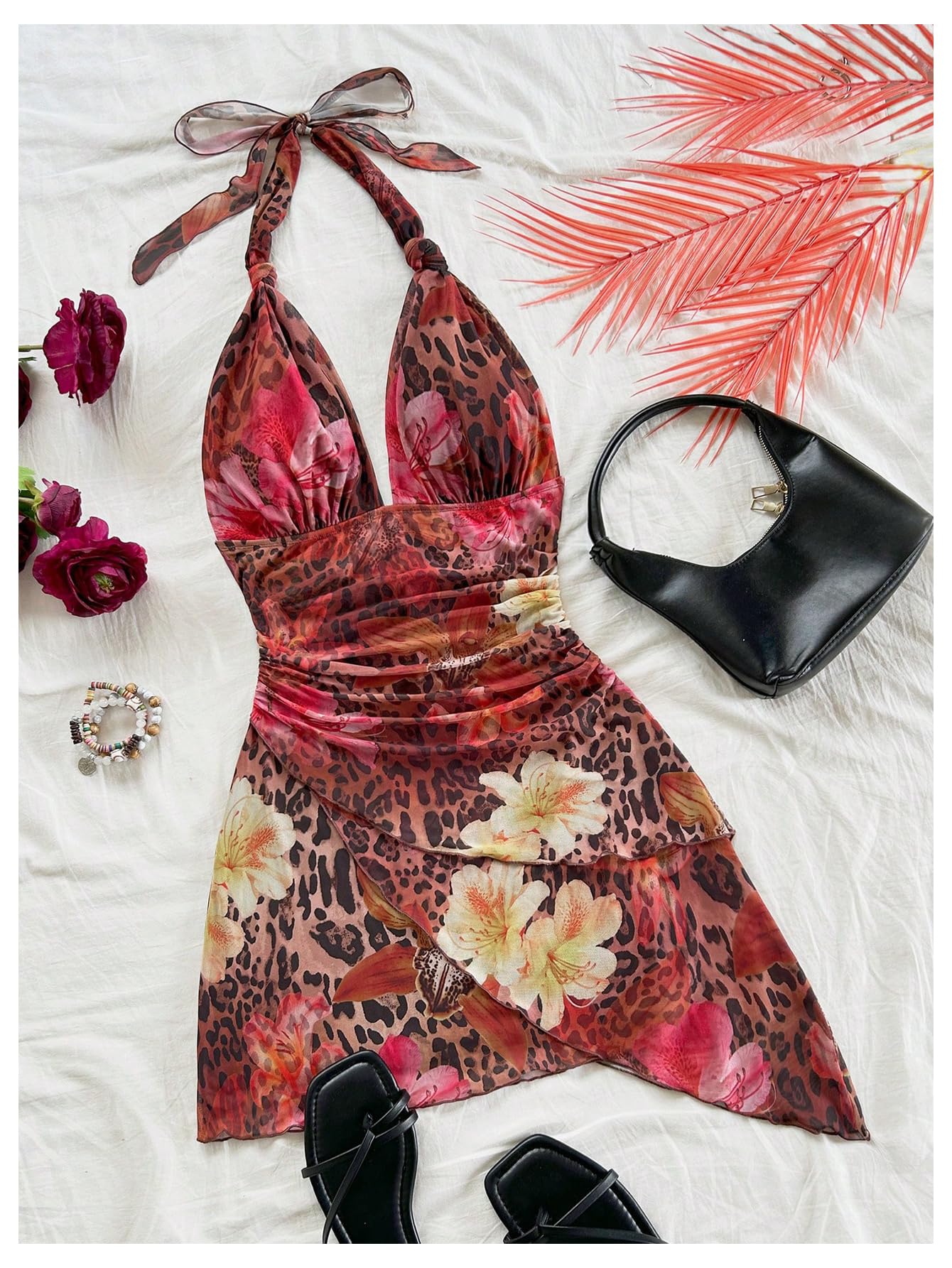 SOLY HUX Women's Y2K Summer Tie Dye Floral Print Halter Sexy Mini Dress Retro Backless Bodycon Birthday Dresses