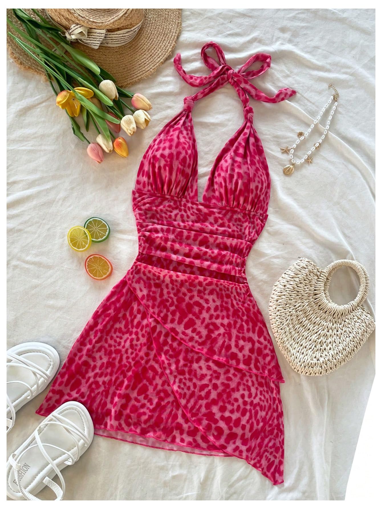 SOLY HUX Women's Y2K Summer Tie Dye Floral Print Halter Sexy Mini Dress Retro Backless Bodycon Birthday Dresses