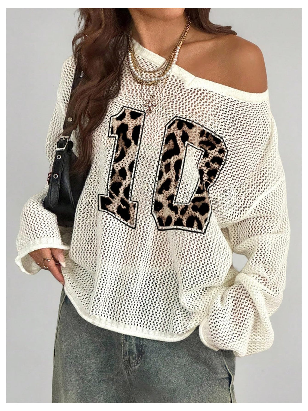 Verdusa Women's Y2k Tops Jersey Shirts Oversized Crochet Graphic Going Out Tops V Neck Pullover Sweater Streetwear