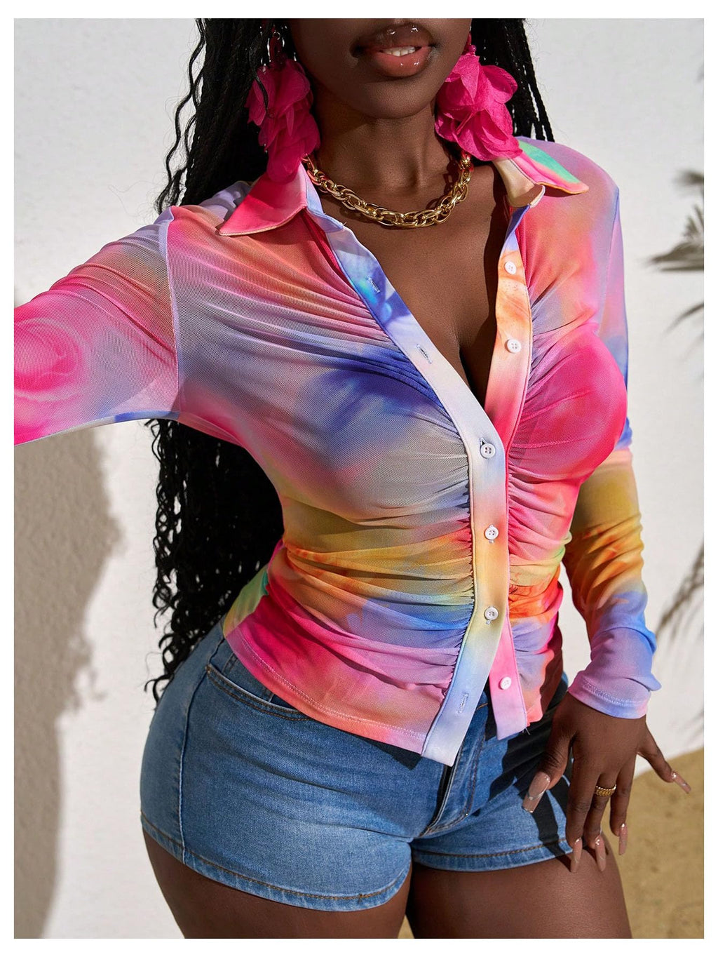 SOLY HUX Women's Y2k Tie Dye Tops Button Down Long Sleeve Fitted Crop Shirts Blouse Street Music Festival Clothes