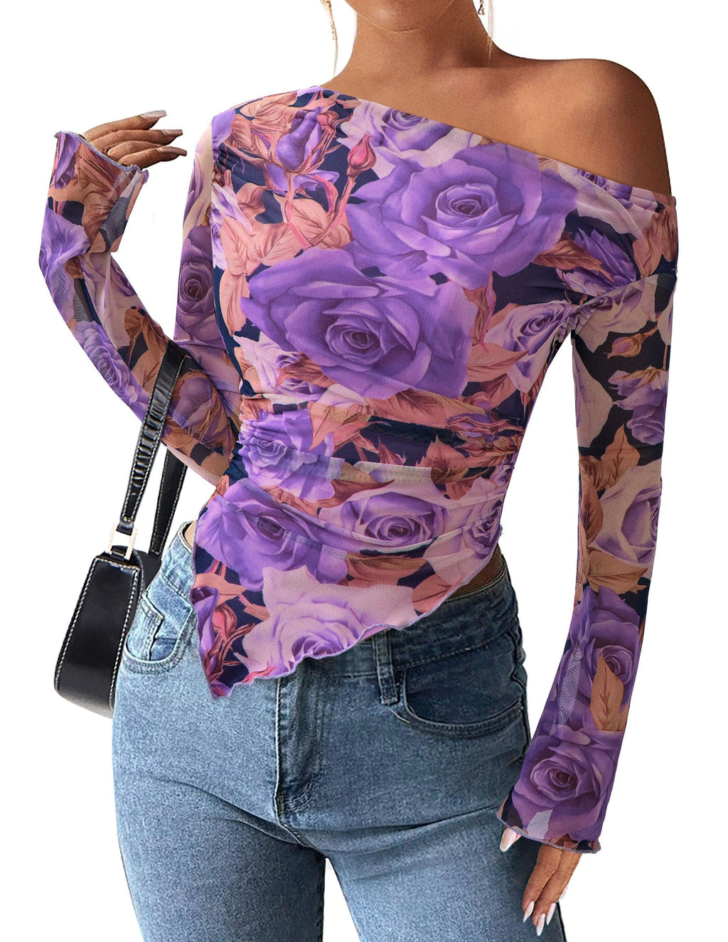PRETTYGARDEN Womens Fall Trendy Off Shoulder Y2k Tops 2026 Tie Dye Mesh Long Sleeve Shirts Asymmetrical Ruched Floral Blouse