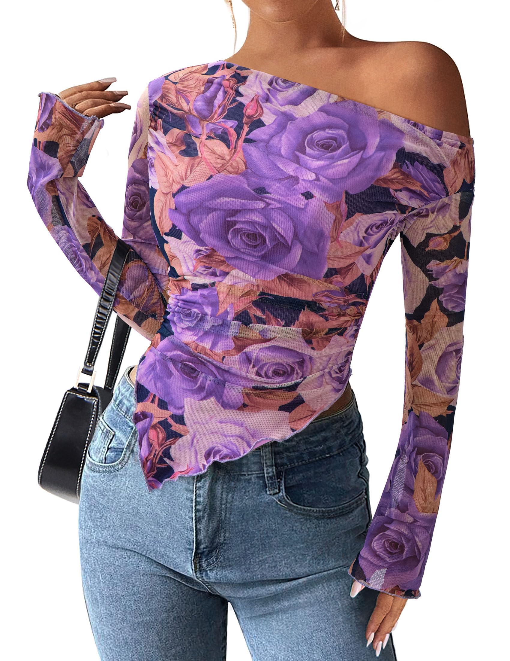 PRETTYGARDEN Womens Fall Trendy Off Shoulder Y2k Tops 2026 Tie Dye Mesh Long Sleeve Shirts Asymmetrical Ruched Floral Blouse