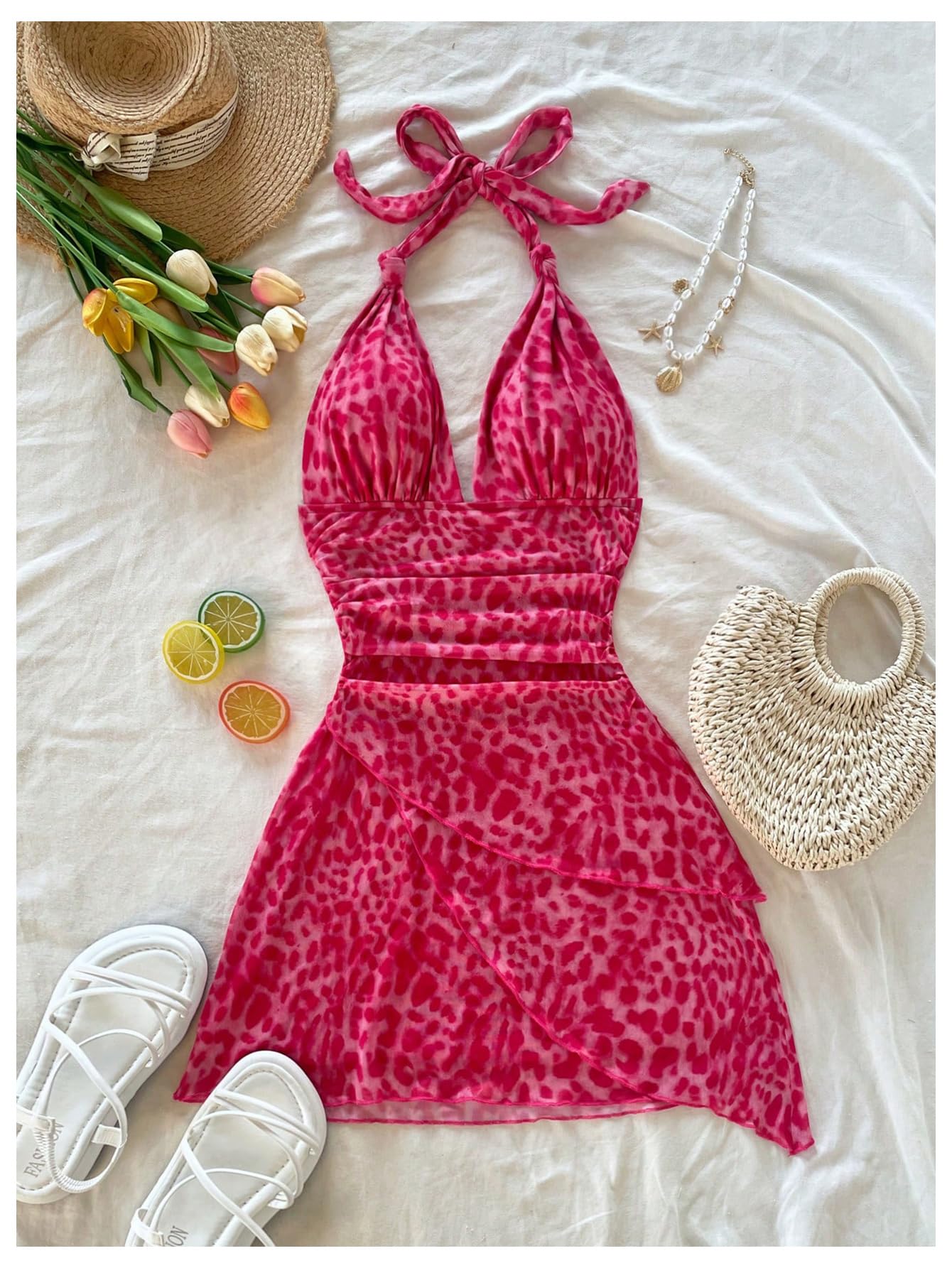 SOLY HUX Women's Y2K Summer Tie Dye Floral Print Halter Sexy Mini Dress Retro Backless Bodycon Birthday Dresses