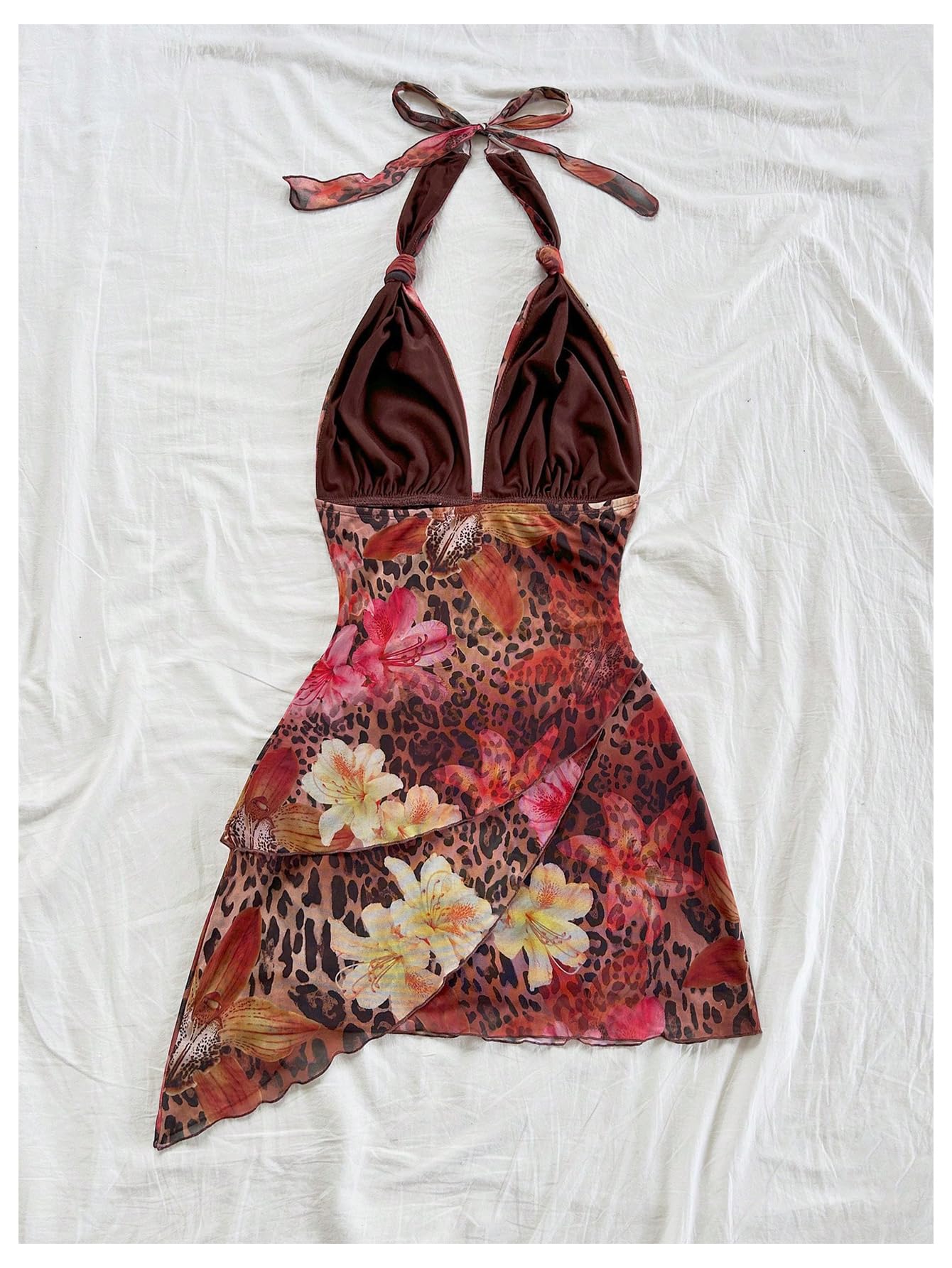 SOLY HUX Women's Y2K Summer Tie Dye Floral Print Halter Sexy Mini Dress Retro Backless Bodycon Birthday Dresses