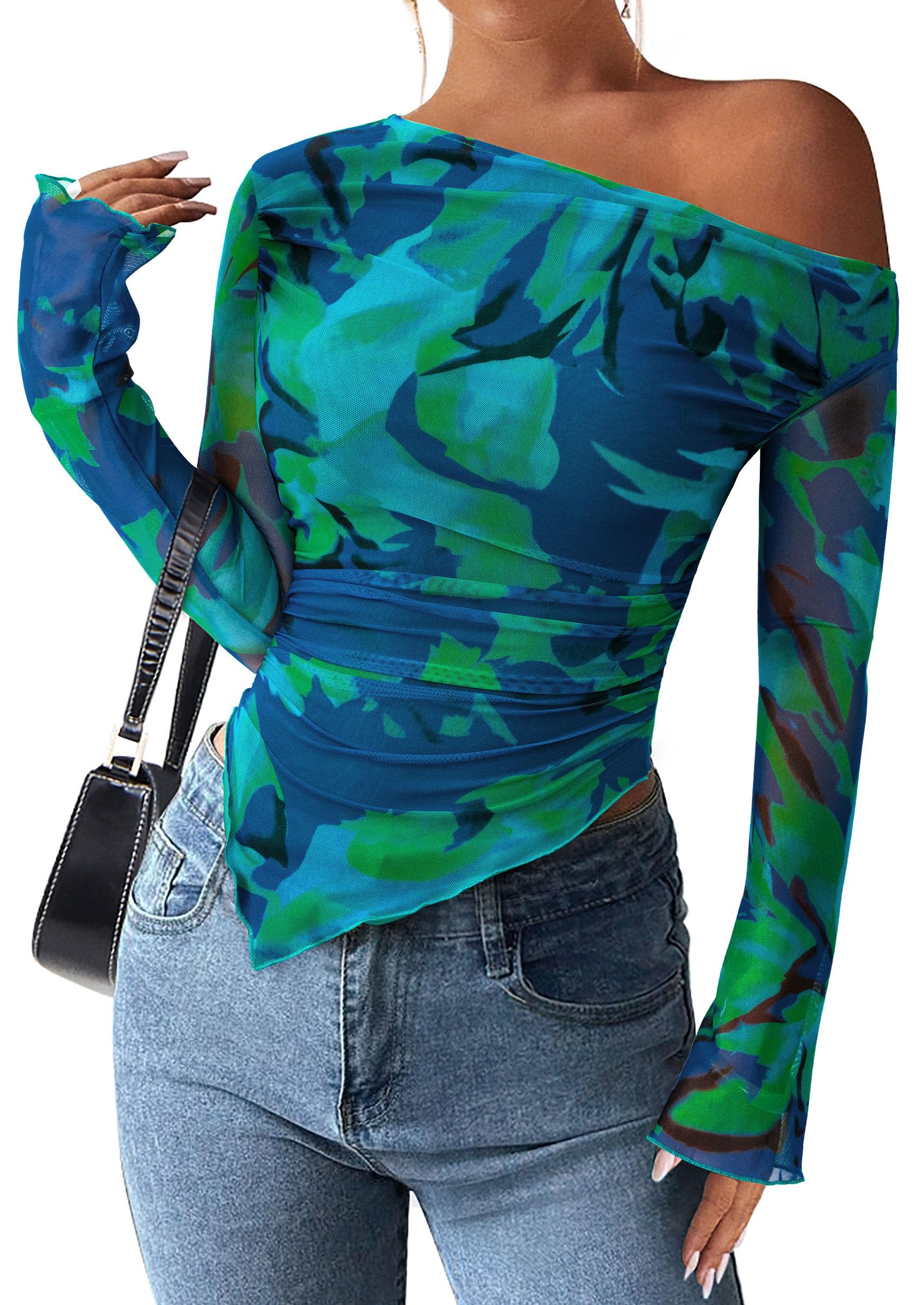 PRETTYGARDEN Womens Fall Trendy Off Shoulder Y2k Tops 2026 Tie Dye Mesh Long Sleeve Shirts Asymmetrical Ruched Floral Blouse