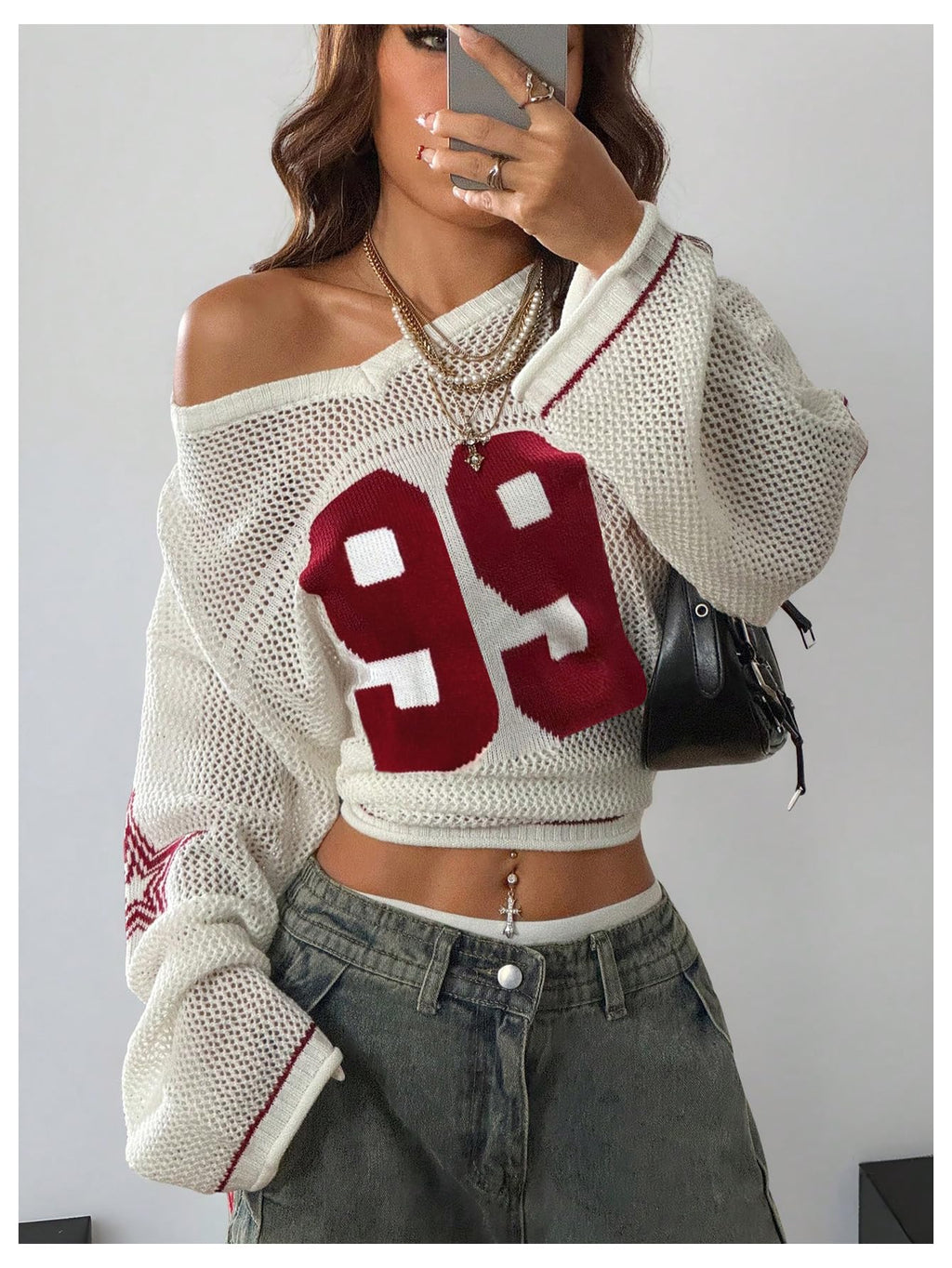 Verdusa Women's Y2k Tops Jersey Shirts Oversized Crochet Graphic Going Out Tops V Neck Pullover Sweater Streetwear