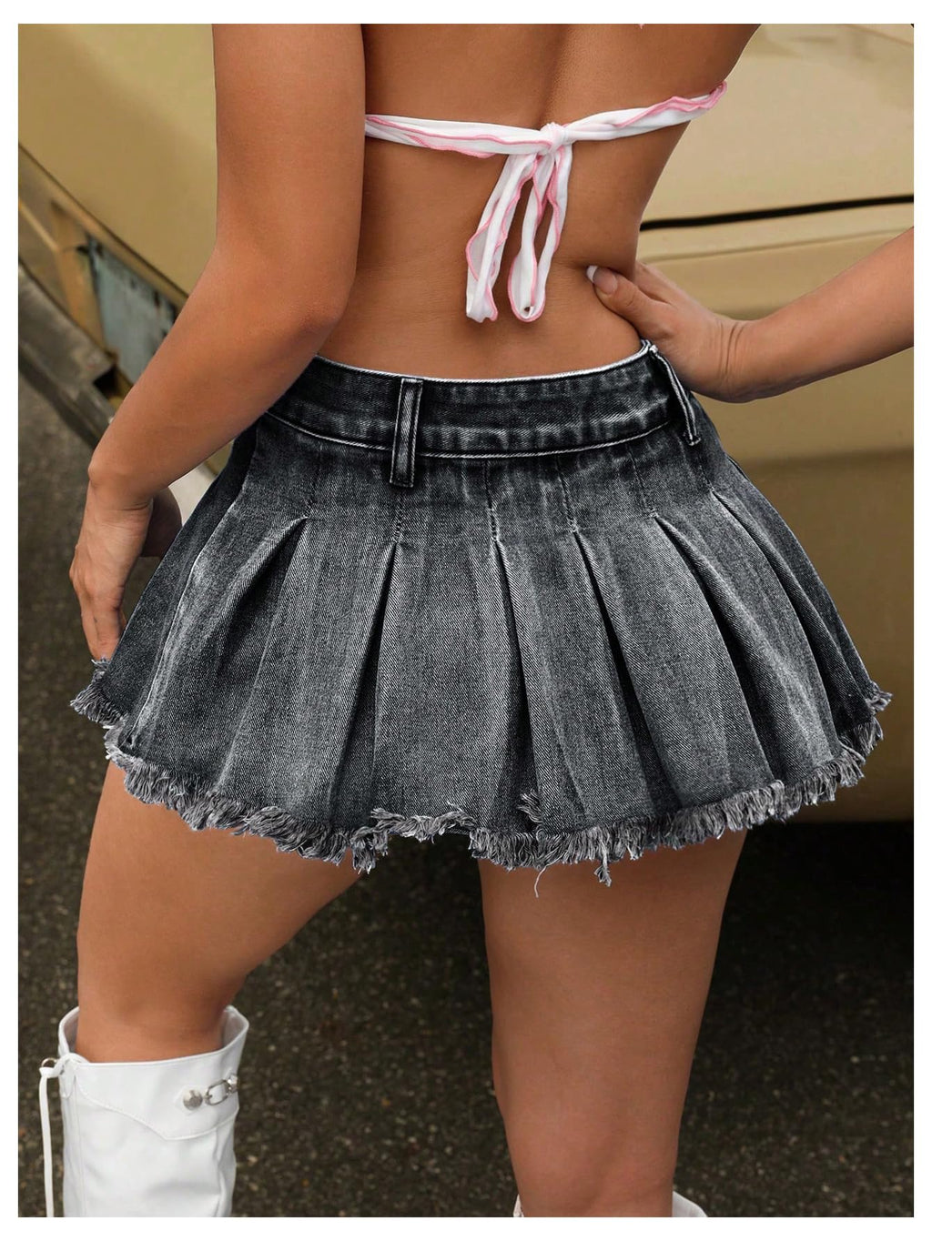 Women's Y2K Low Waist Pleated Denim Skirt Zipper Raw Hem Mini Skirt Casual Ruffle Jean Skirt