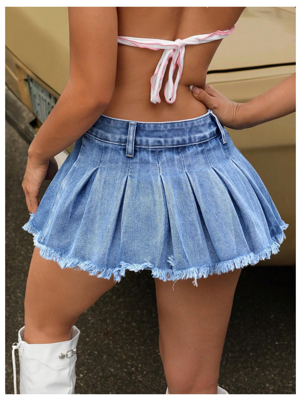 Women's Y2K Low Waist Pleated Denim Skirt Zipper Raw Hem Mini Skirt Casual Ruffle Jean Skirt