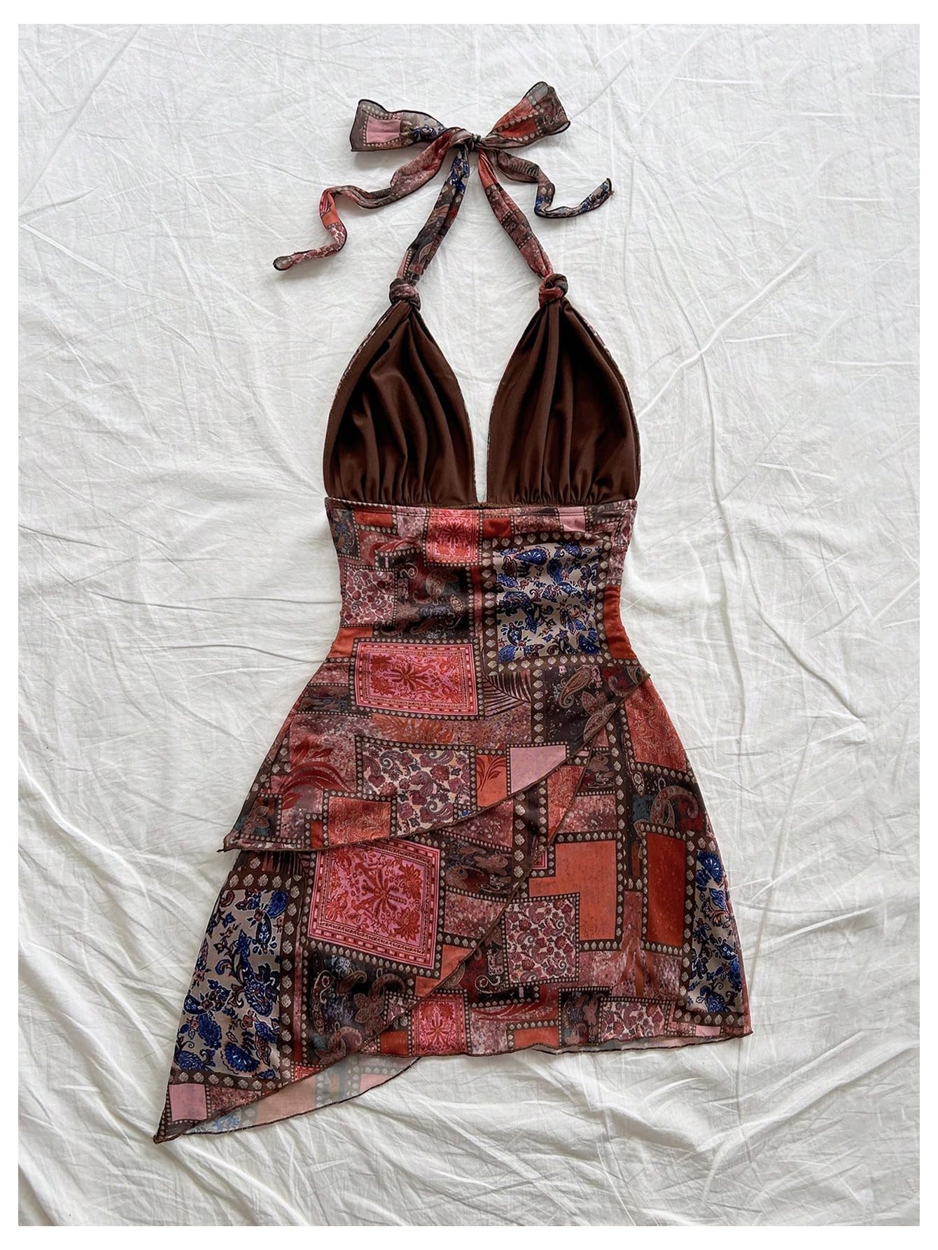 SOLY HUX Women's Y2K Summer Tie Dye Floral Print Halter Sexy Mini Dress Retro Backless Bodycon Birthday Dresses