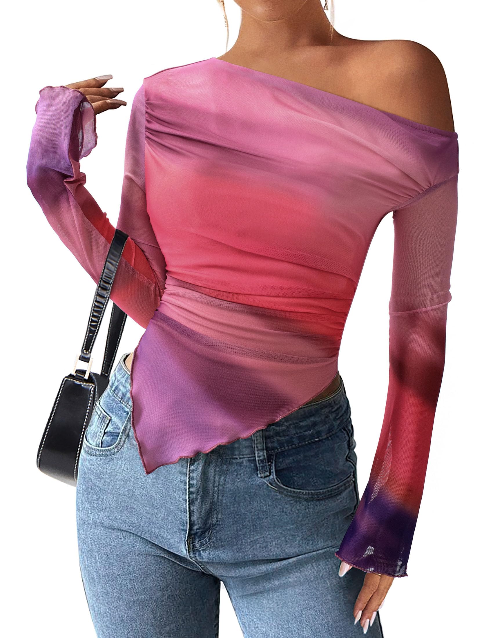 PRETTYGARDEN Womens Fall Trendy Off Shoulder Y2k Tops 2026 Tie Dye Mesh Long Sleeve Shirts Asymmetrical Ruched Floral Blouse