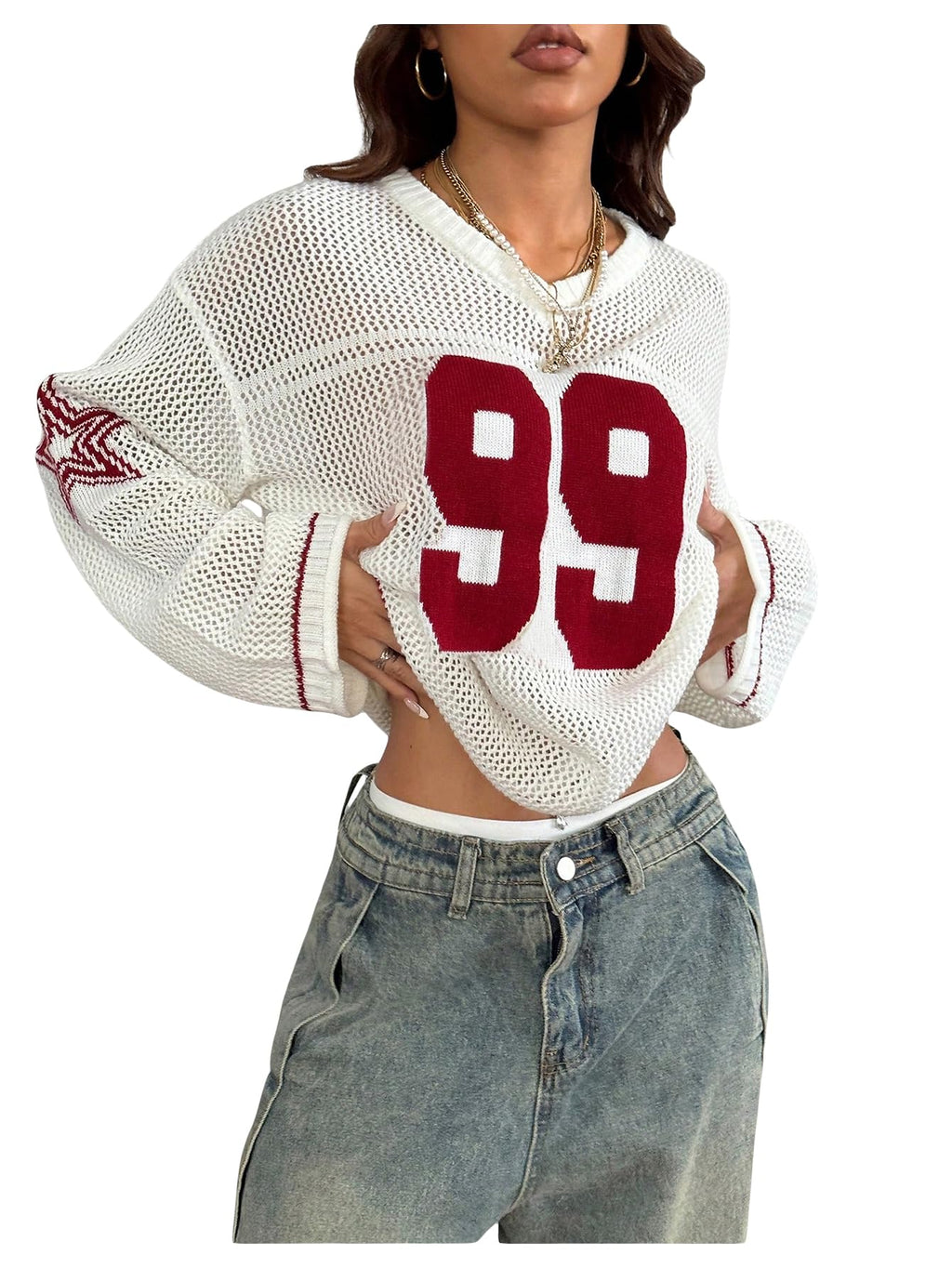 Verdusa Women's Y2k Tops Jersey Shirts Oversized Crochet Graphic Going Out Tops V Neck Pullover Sweater Streetwear