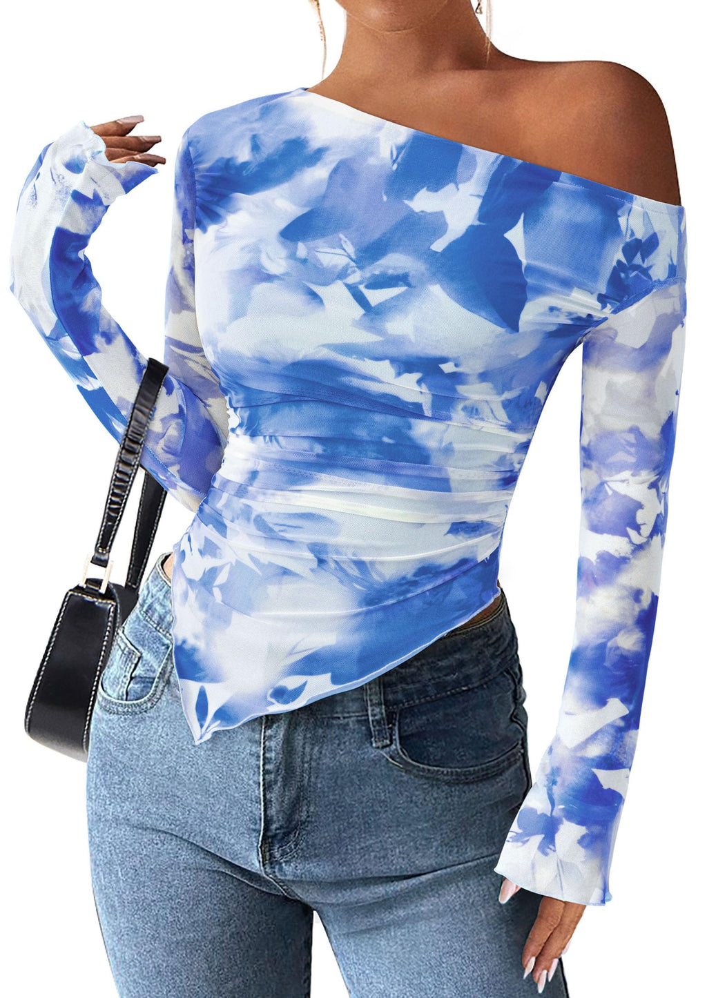 PRETTYGARDEN Womens Fall Trendy Off Shoulder Y2k Tops 2026 Tie Dye Mesh Long Sleeve Shirts Asymmetrical Ruched Floral Blouse