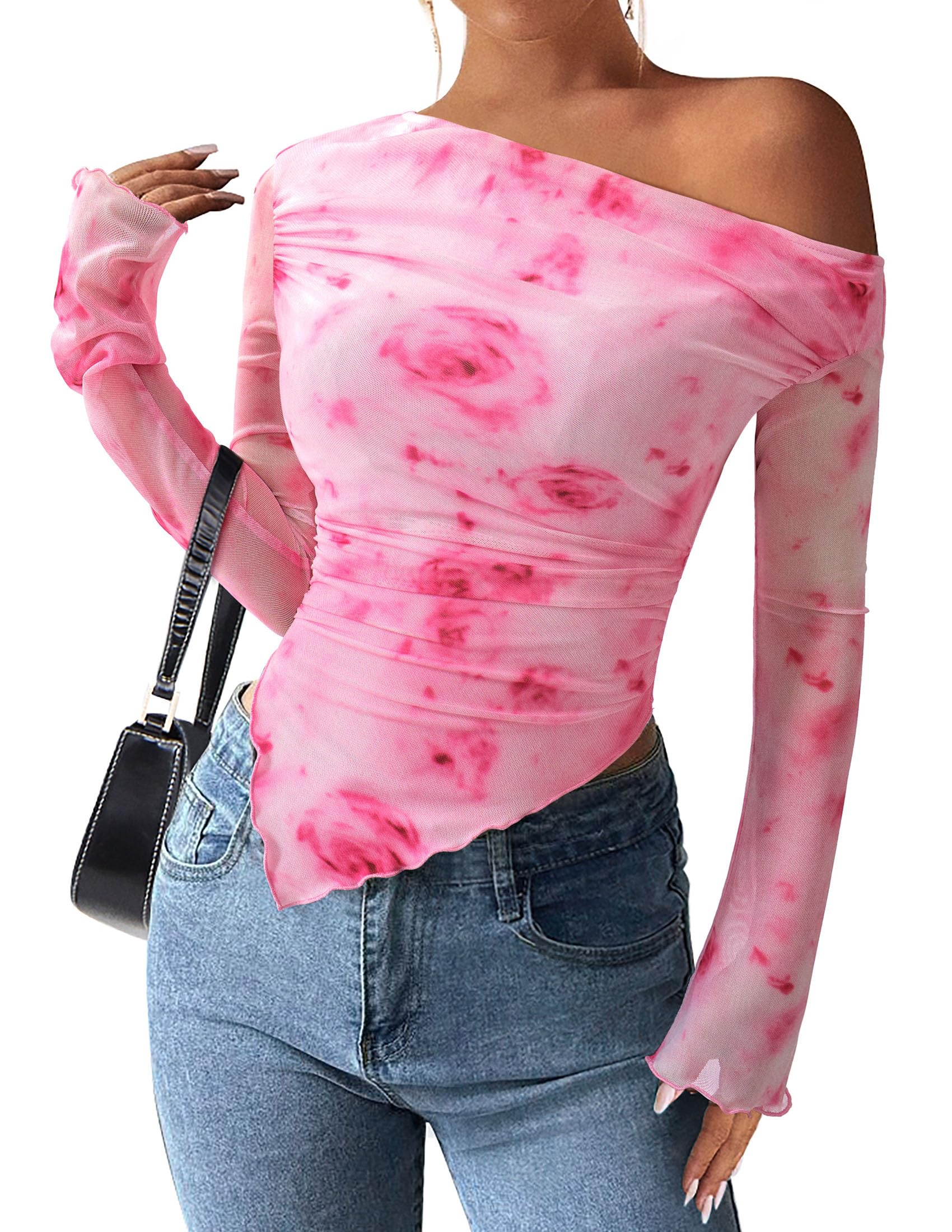 PRETTYGARDEN Womens Fall Trendy Off Shoulder Y2k Tops 2026 Tie Dye Mesh Long Sleeve Shirts Asymmetrical Ruched Floral Blouse