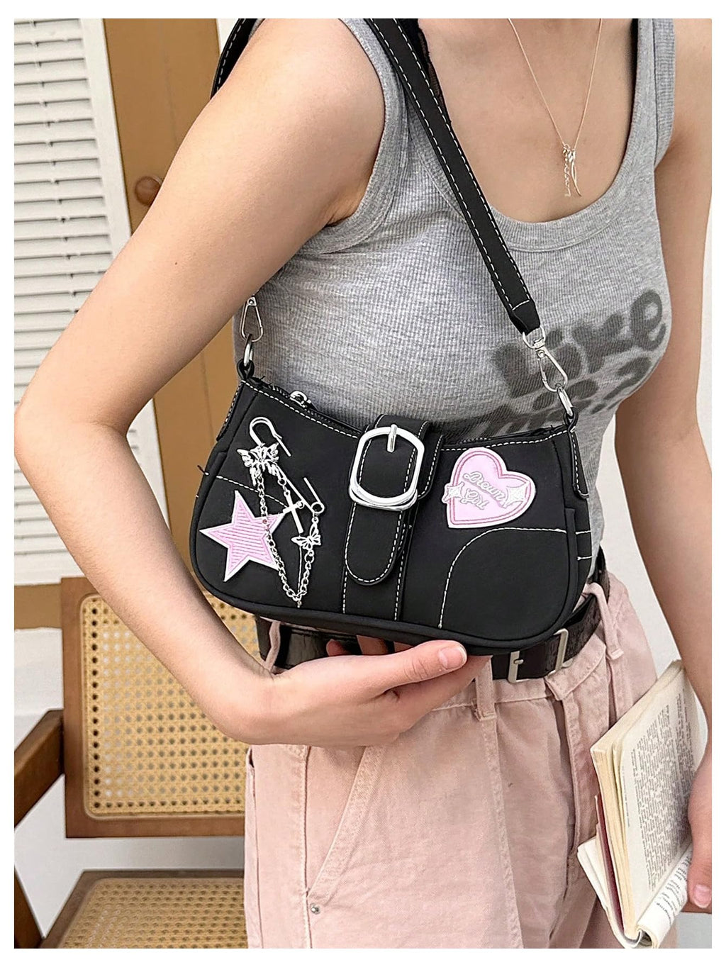 Verdusa Women's Y2k Star Embroidery Shoulder Bag Mini Chain Hobo Handbag Purses