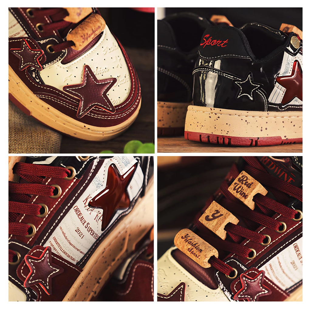Burgundy Star Print Fashion Chunky Sneakers for Women Trendy Casual Aesthetic Skateboard Walking Dance Shoes