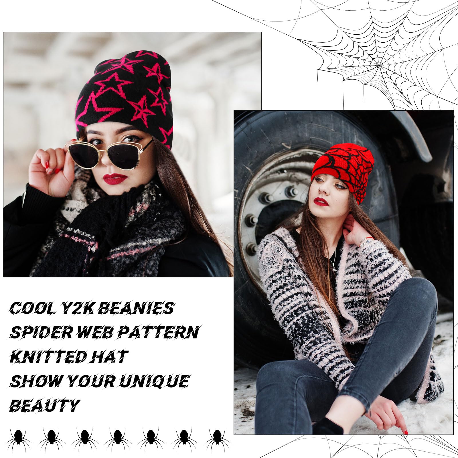 Ramede 4 Pcs Y2k Beanie - Double Sided Graphic Beanies for Men and Women, Acrylic Knitted Y2k Hats Accessories