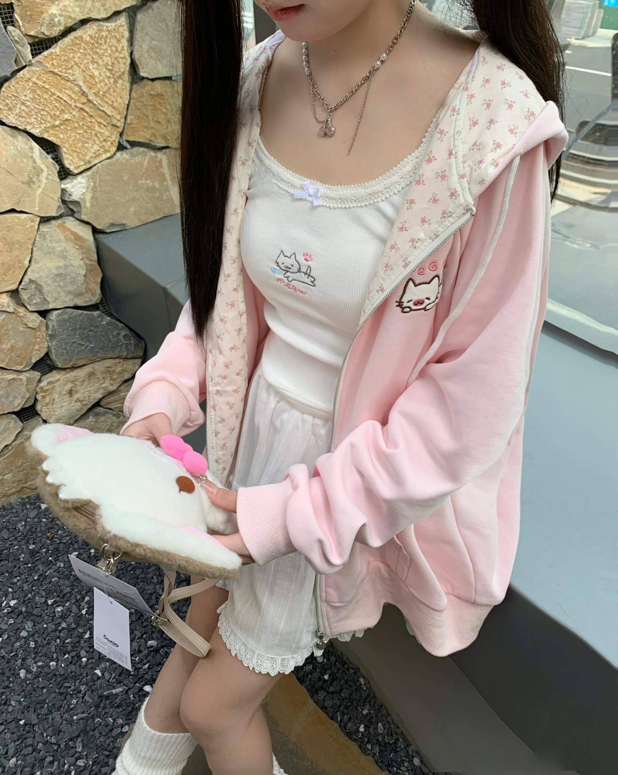 Womens Y2K Zip Up Cute Graphic Hoodies Cat Ears Casual Cartoon Harajuku Kawaii Clothes Oversize Streetwear Jacket