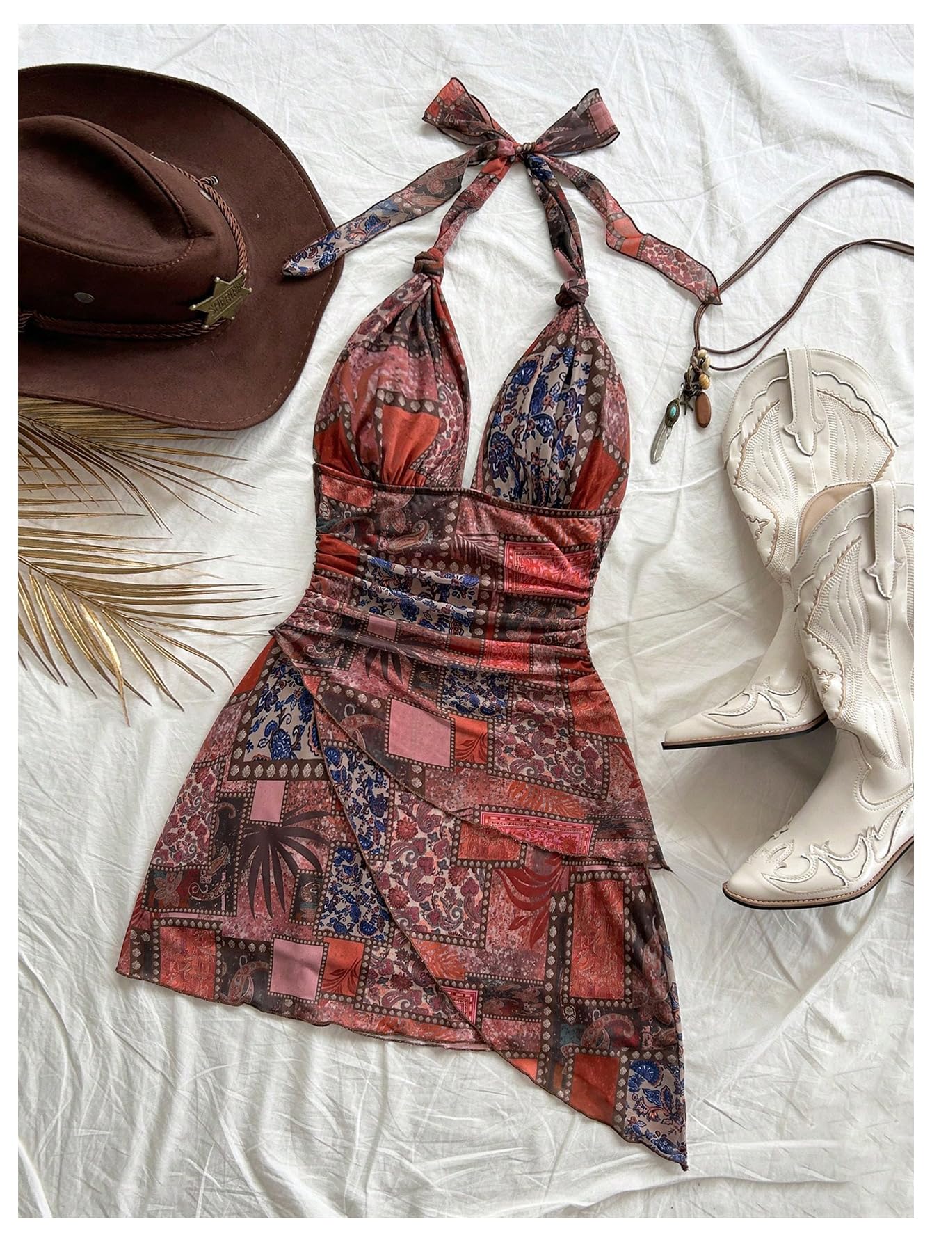 SOLY HUX Women's Y2K Summer Tie Dye Floral Print Halter Sexy Mini Dress Retro Backless Bodycon Birthday Dresses
