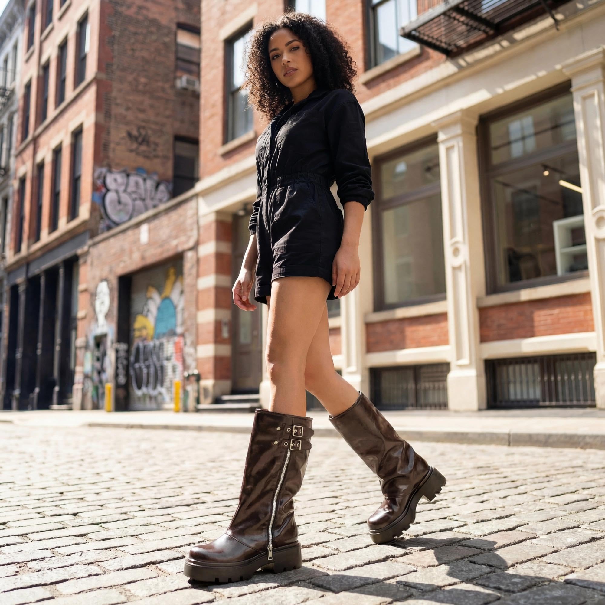 Women's Knee High Boots Buckle Moto Biker Boots for Women Platform Fold Over Tall Boots Chunky Low Heel Wide Calf Boots