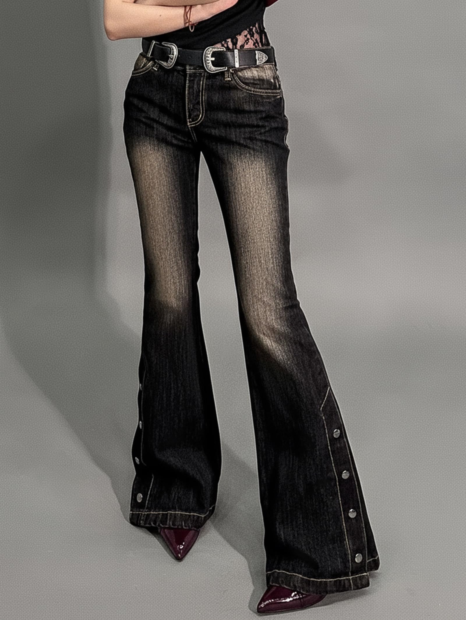 Women Bell Bottom Jeans Stretchy Flare Mid Rise Embroidery Vintage Denim Pants 90s Outfits Y2k Clothes