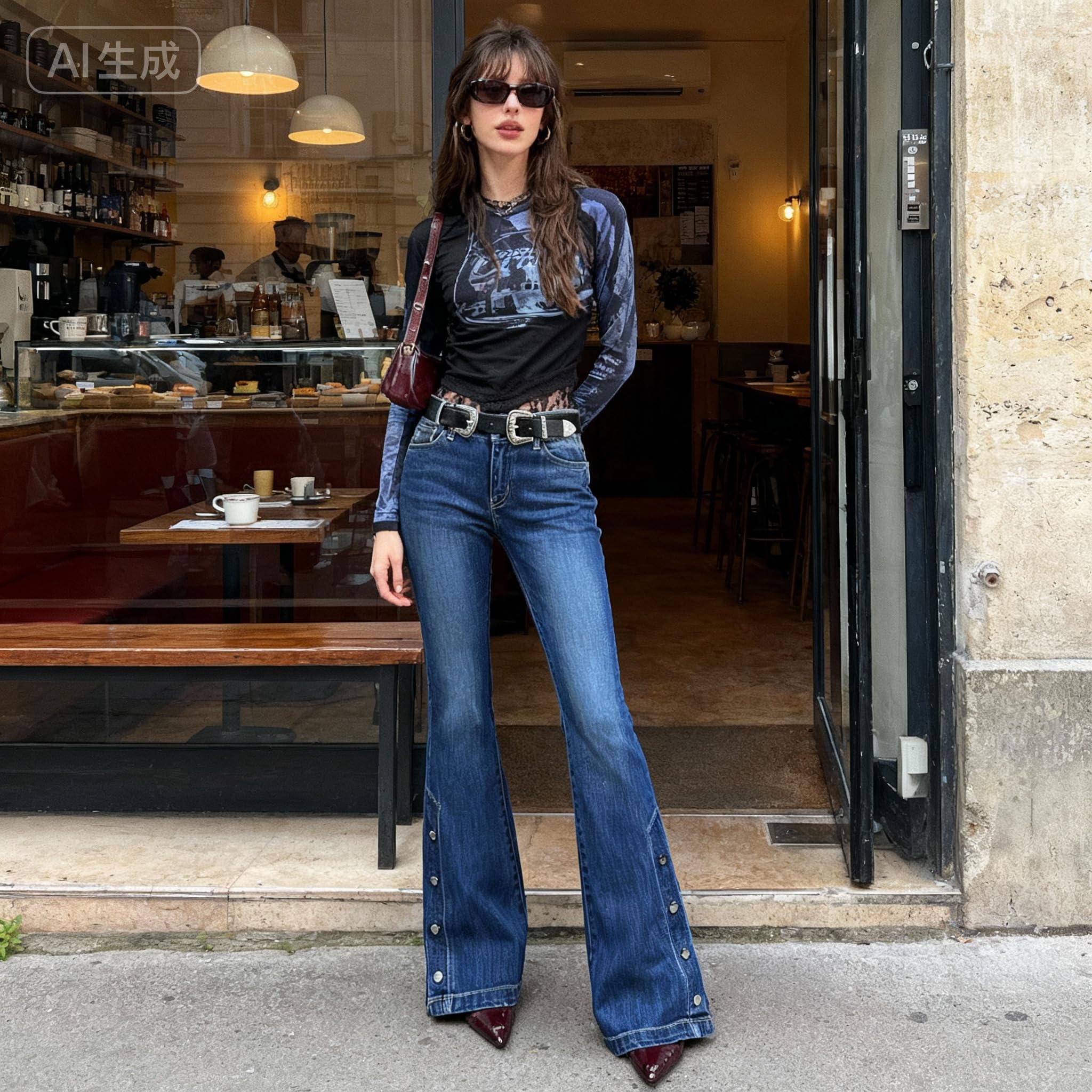 Women Bell Bottom Jeans Stretchy Flare Mid Rise Embroidery Vintage Denim Pants 90s Outfits Y2k Clothes