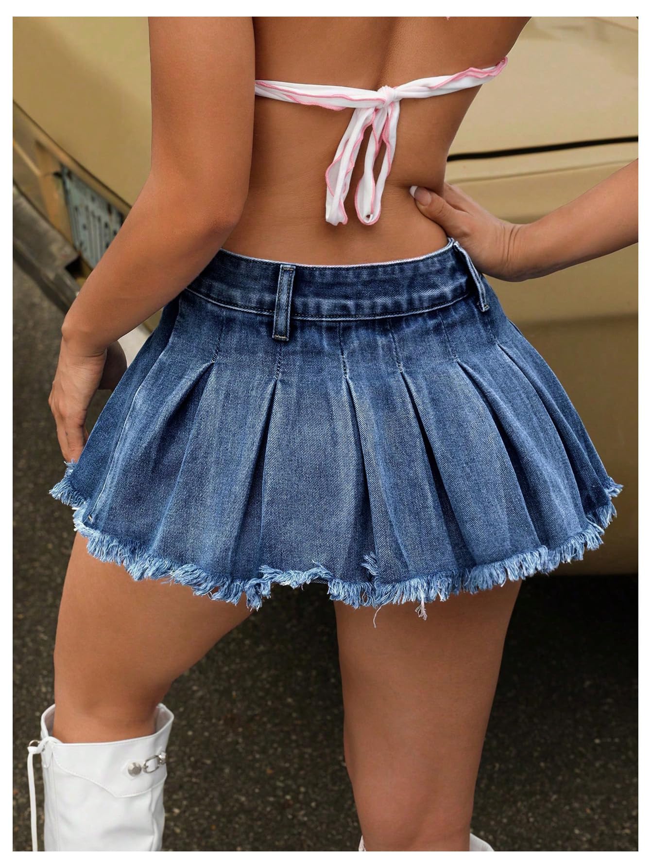 Women's Y2K Low Waist Pleated Denim Skirt Zipper Raw Hem Mini Skirt Casual Ruffle Jean Skirt