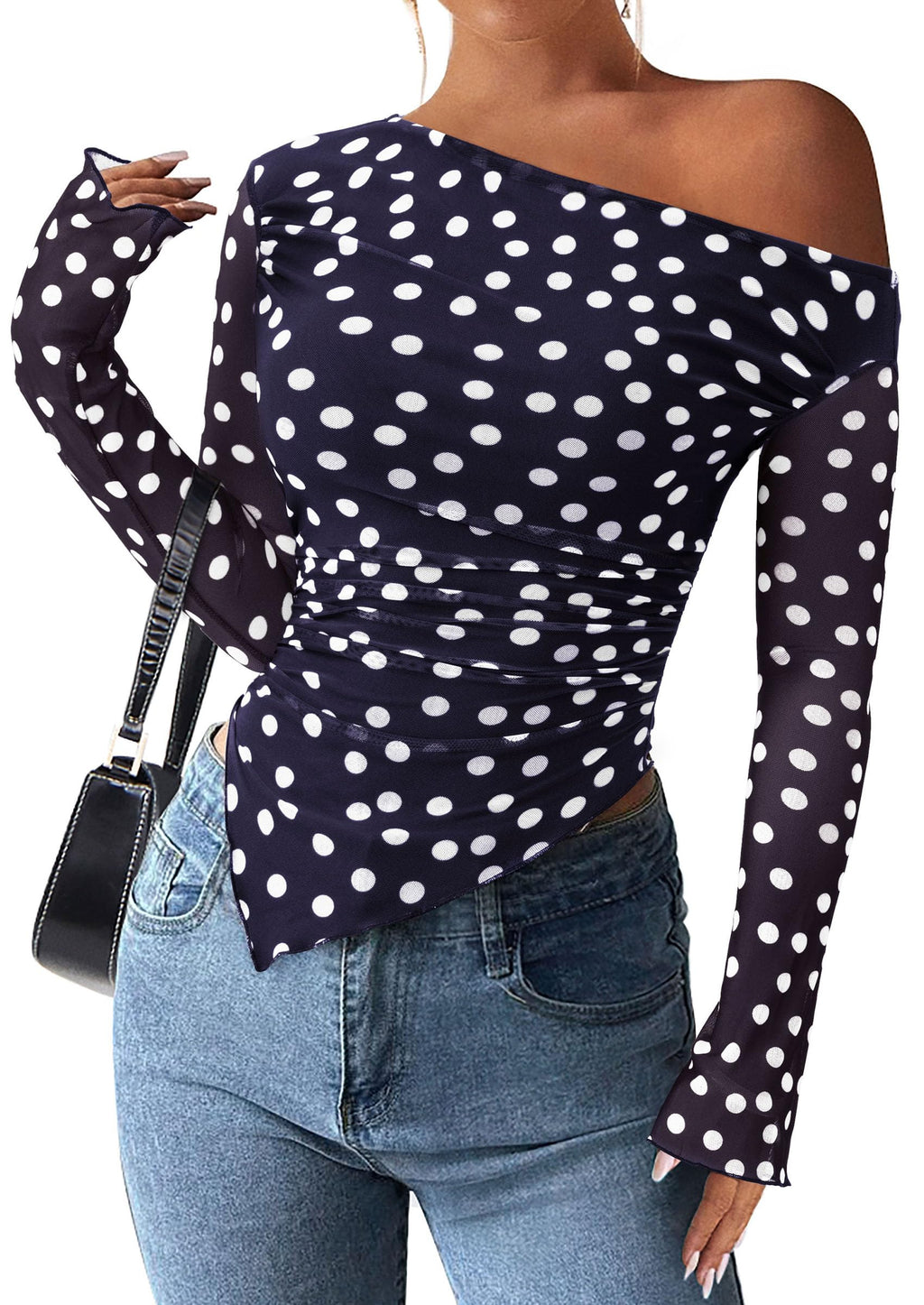 PRETTYGARDEN Womens Fall Trendy Off Shoulder Y2k Tops 2026 Tie Dye Mesh Long Sleeve Shirts Asymmetrical Ruched Floral Blouse
