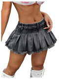 Women's Y2K Low Waist Pleated Denim Skirt Zipper Raw Hem Mini Skirt Casual Ruffle Jean Skirt