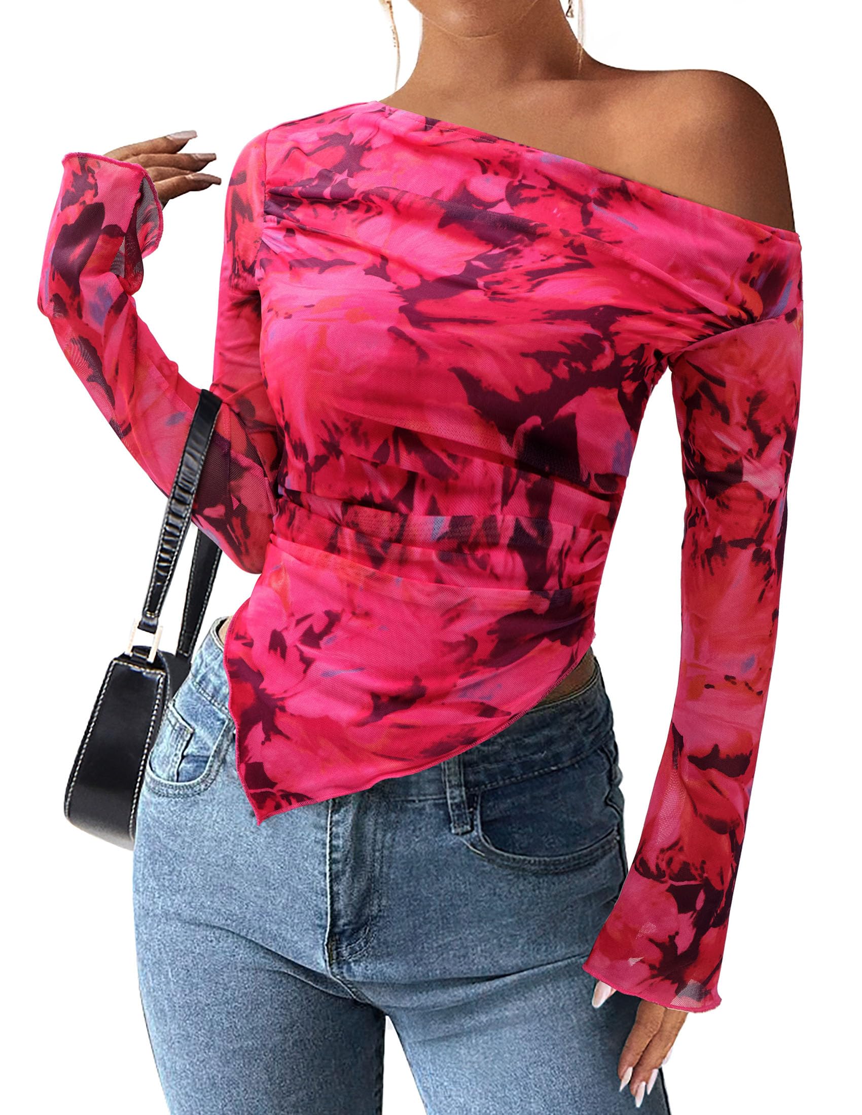 PRETTYGARDEN Womens Fall Trendy Off Shoulder Y2k Tops 2026 Tie Dye Mesh Long Sleeve Shirts Asymmetrical Ruched Floral Blouse