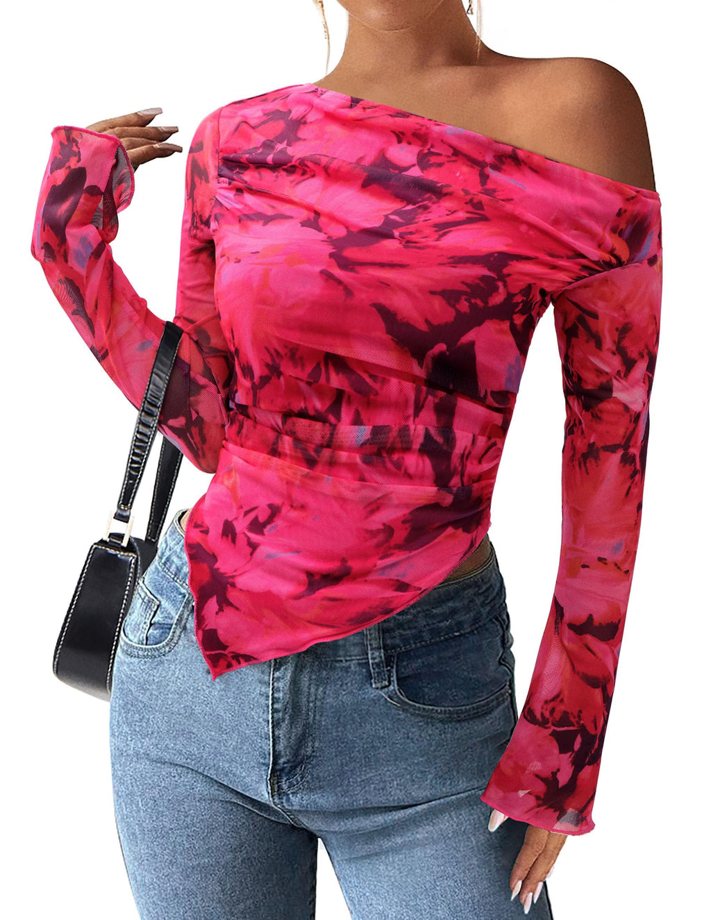 PRETTYGARDEN Womens Fall Trendy Off Shoulder Y2k Tops 2026 Tie Dye Mesh Long Sleeve Shirts Asymmetrical Ruched Floral Blouse