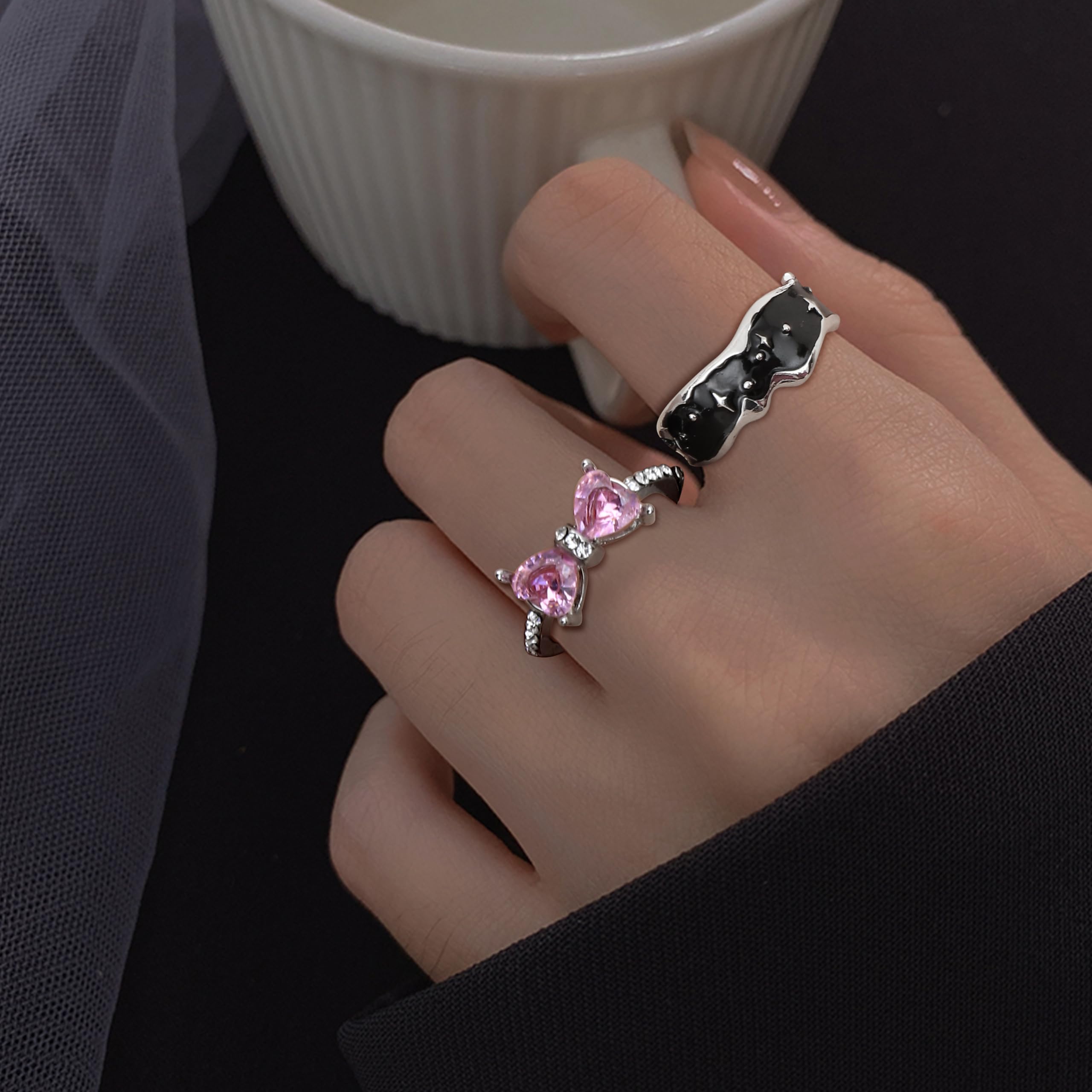 DRPERFECT 13 PCS Y2k Rings For Women Vintage Irregular Rings for Women Men Chunky Adjustable Rings Gothic Goth Open Moonstone Butterfly Star Pink Heart Cool Statement Ring Aesthetic Accessories Ring Set