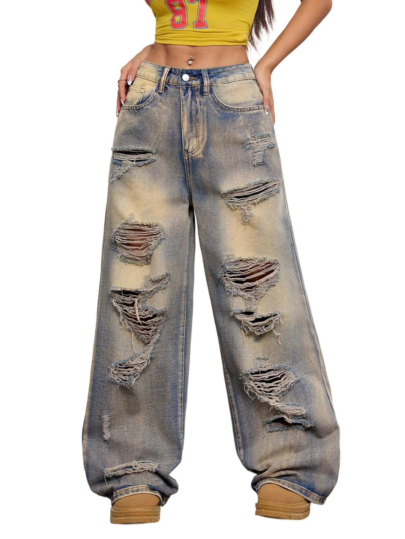 Womens Baggy Jeans Wide Leg Denim Pants Y2k 90s Vintage Hip Hop Loose Long Trousers Streetwear