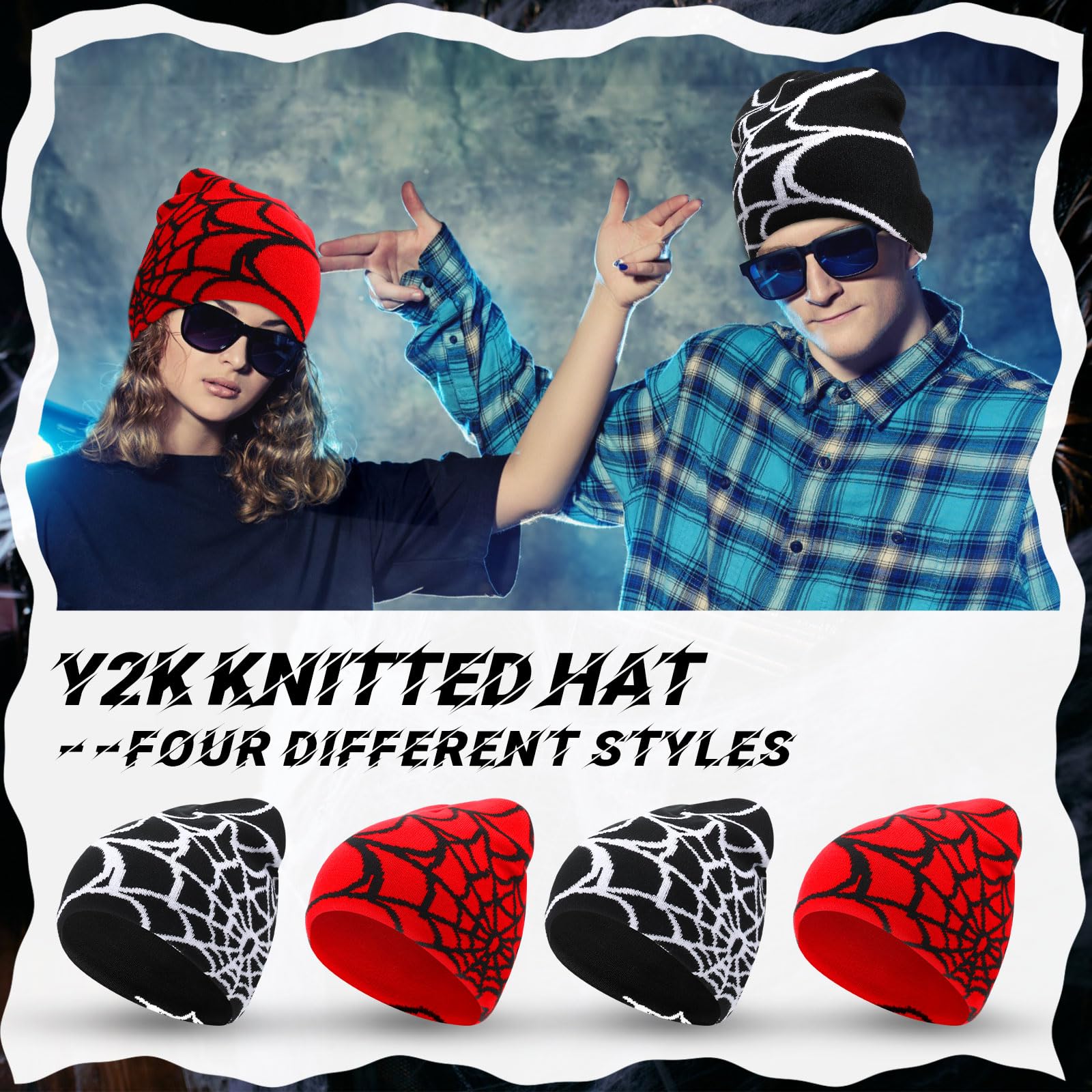 Ramede 4 Pcs Y2k Beanie - Double Sided Graphic Beanies for Men and Women, Acrylic Knitted Y2k Hats Accessories