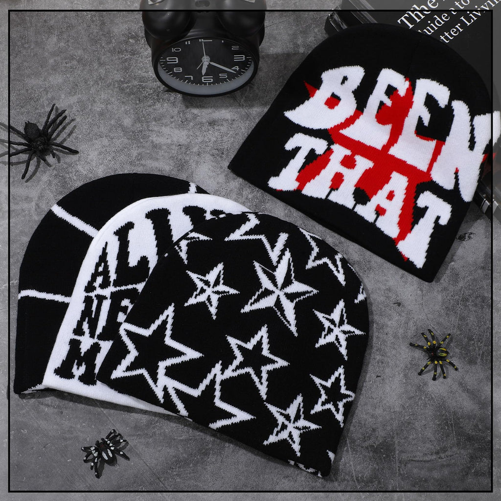 Ramede 4 Pcs Y2k Beanie - Double Sided Graphic Beanies for Men and Women, Acrylic Knitted Y2k Hats Accessories