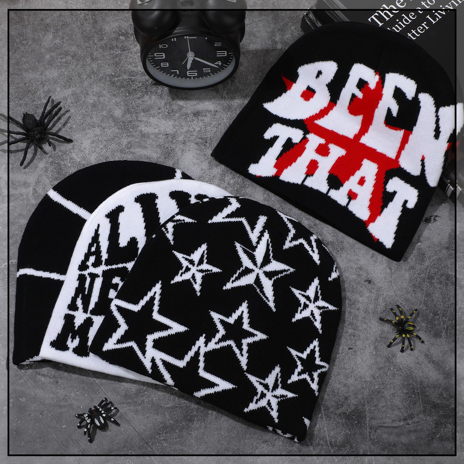 Ramede 4 Pcs Y2k Beanie - Double Sided Graphic Beanies for Men and Women, Acrylic Knitted Y2k Hats Accessories