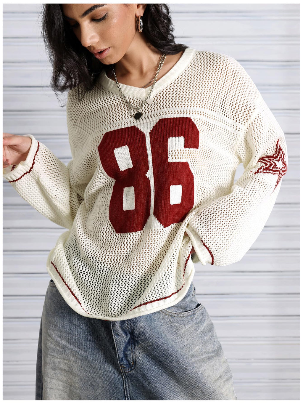 Verdusa Women's Y2k Tops Jersey Shirts Oversized Crochet Graphic Going Out Tops V Neck Pullover Sweater Streetwear