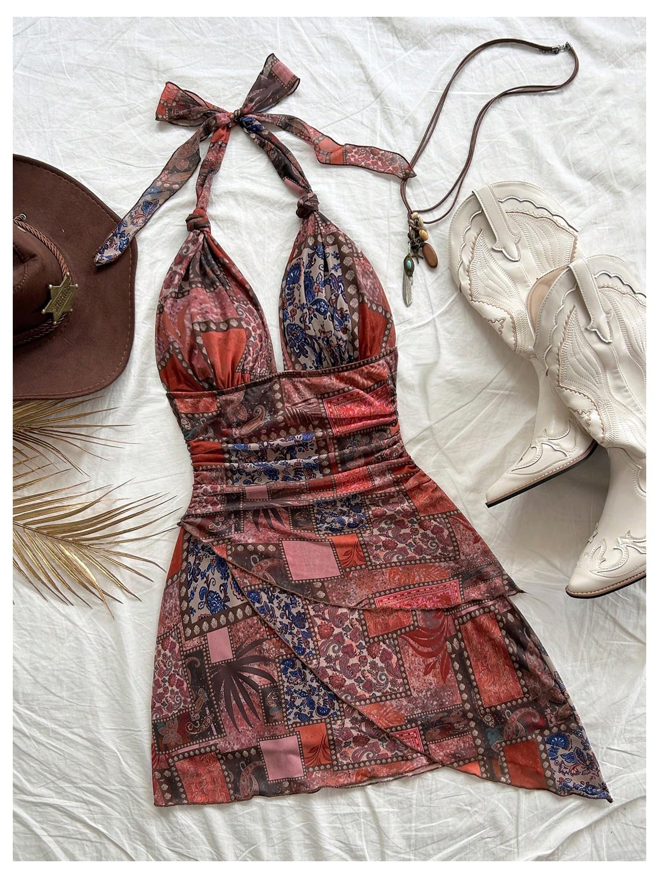 SOLY HUX Women's Y2K Summer Tie Dye Floral Print Halter Sexy Mini Dress Retro Backless Bodycon Birthday Dresses