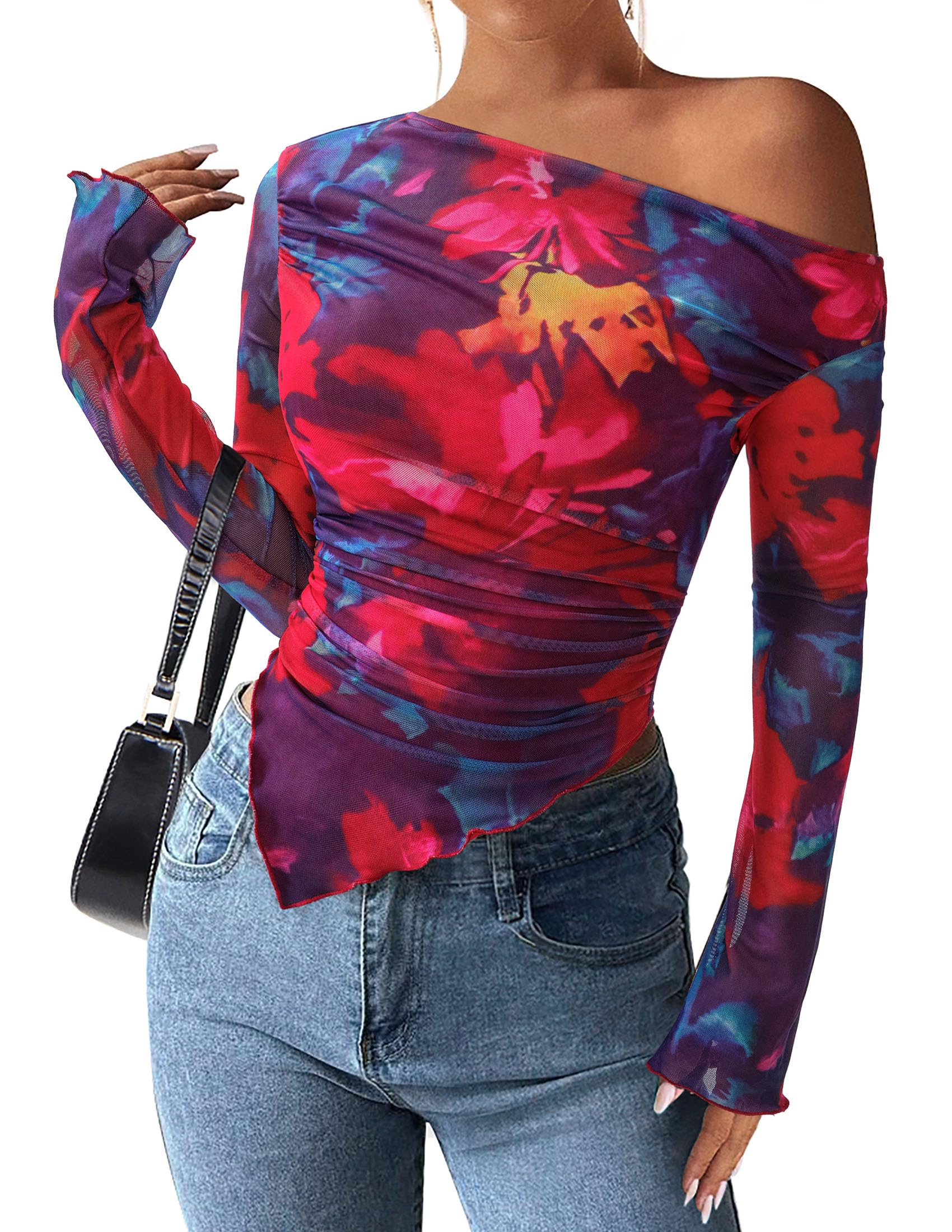 PRETTYGARDEN Womens Fall Trendy Off Shoulder Y2k Tops 2026 Tie Dye Mesh Long Sleeve Shirts Asymmetrical Ruched Floral Blouse