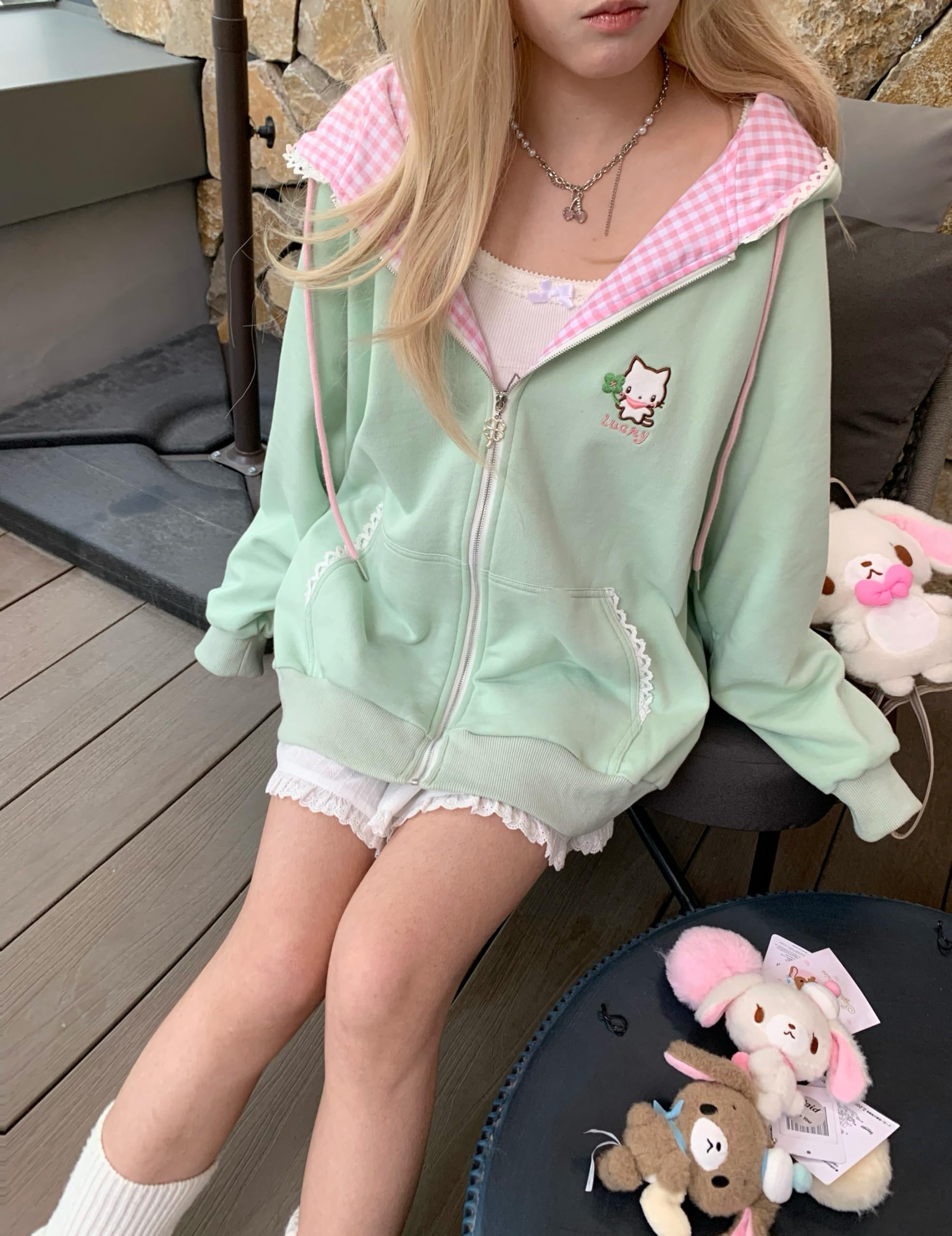 Womens Y2K Zip Up Cute Graphic Hoodies Cat Ears Casual Cartoon Harajuku Kawaii Clothes Oversize Streetwear Jacket