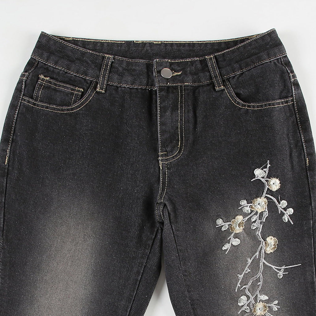 Women Bell Bottom Jeans Stretchy Flare Mid Rise Embroidery Vintage Denim Pants 90s Outfits Y2k Clothes