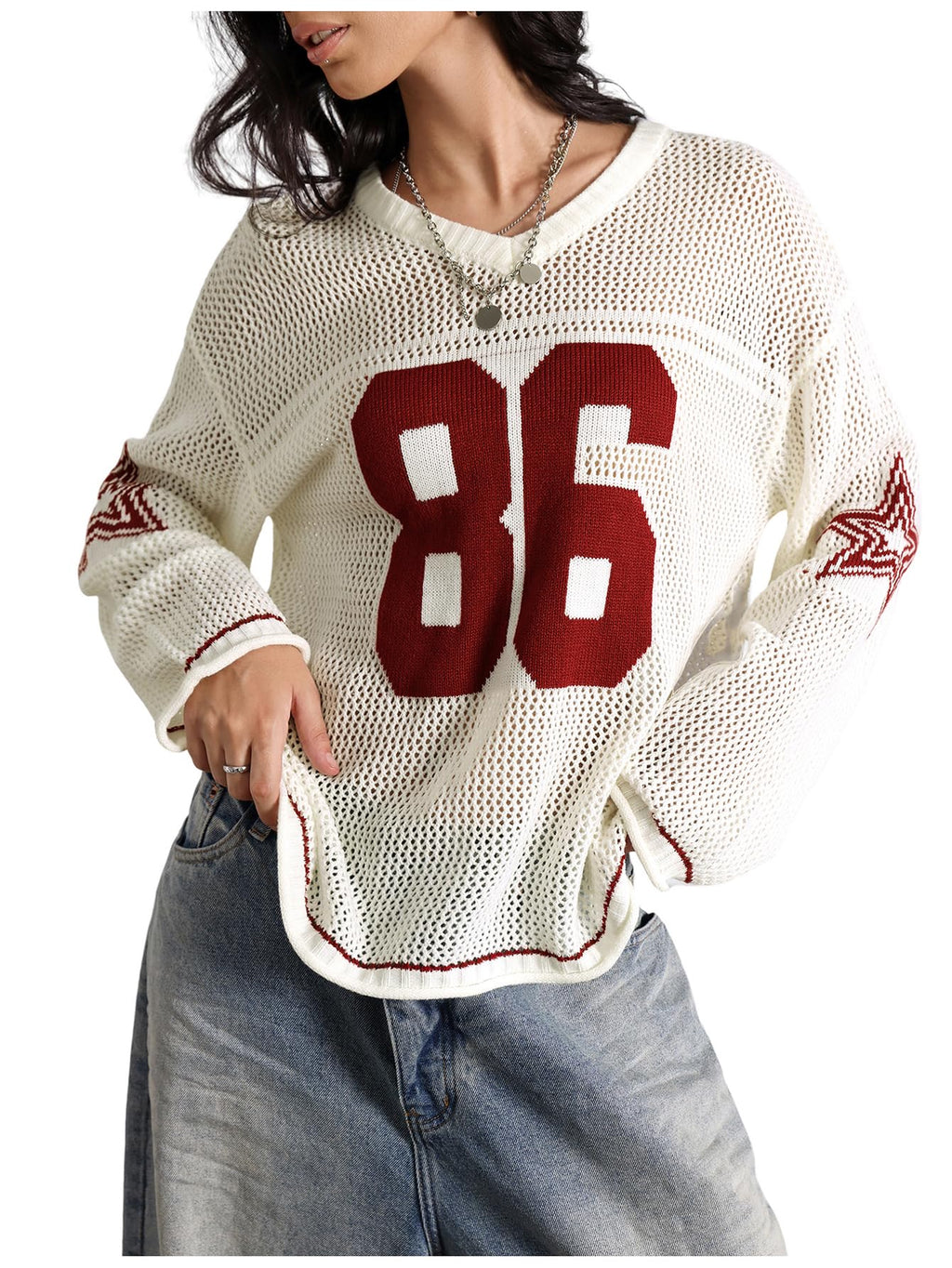 Verdusa Women's Y2k Tops Jersey Shirts Oversized Crochet Graphic Going Out Tops V Neck Pullover Sweater Streetwear