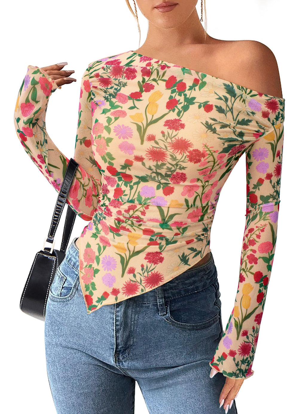 PRETTYGARDEN Womens Fall Trendy Off Shoulder Y2k Tops 2026 Tie Dye Mesh Long Sleeve Shirts Asymmetrical Ruched Floral Blouse