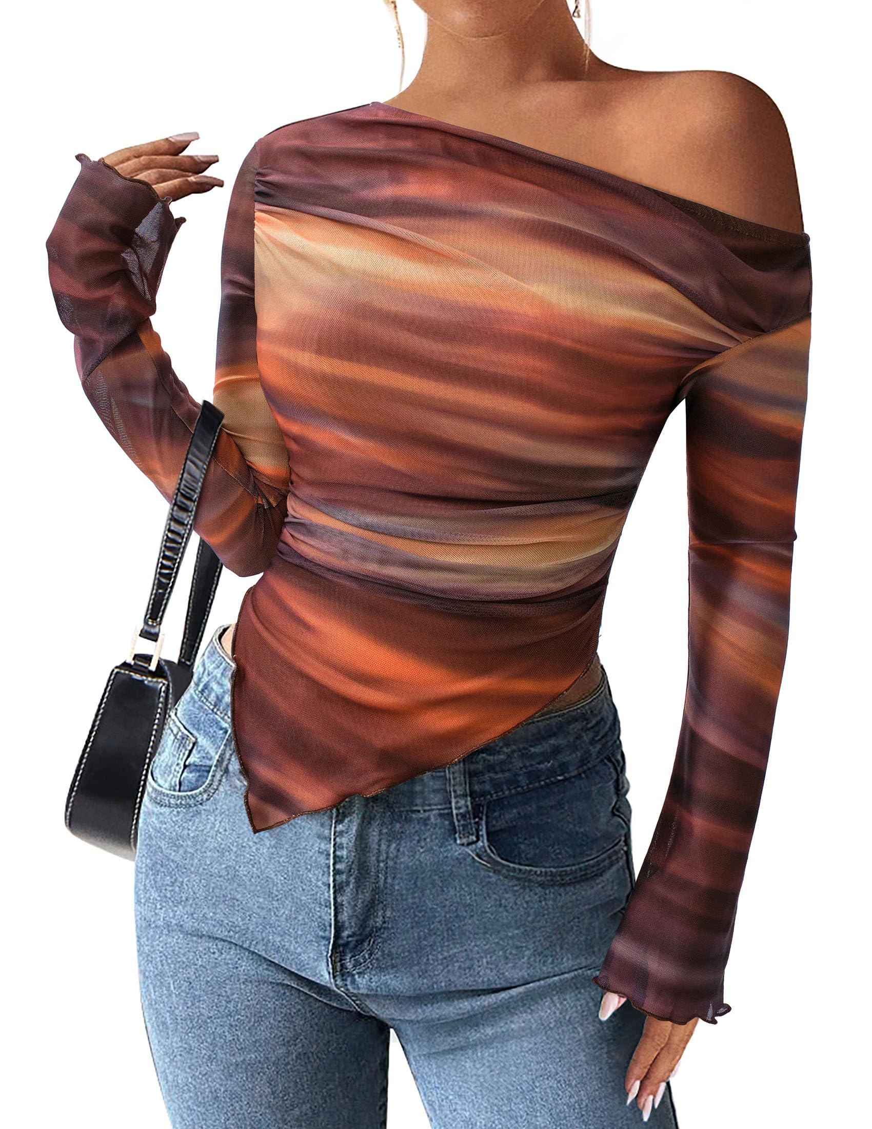 PRETTYGARDEN Womens Fall Trendy Off Shoulder Y2k Tops 2026 Tie Dye Mesh Long Sleeve Shirts Asymmetrical Ruched Floral Blouse